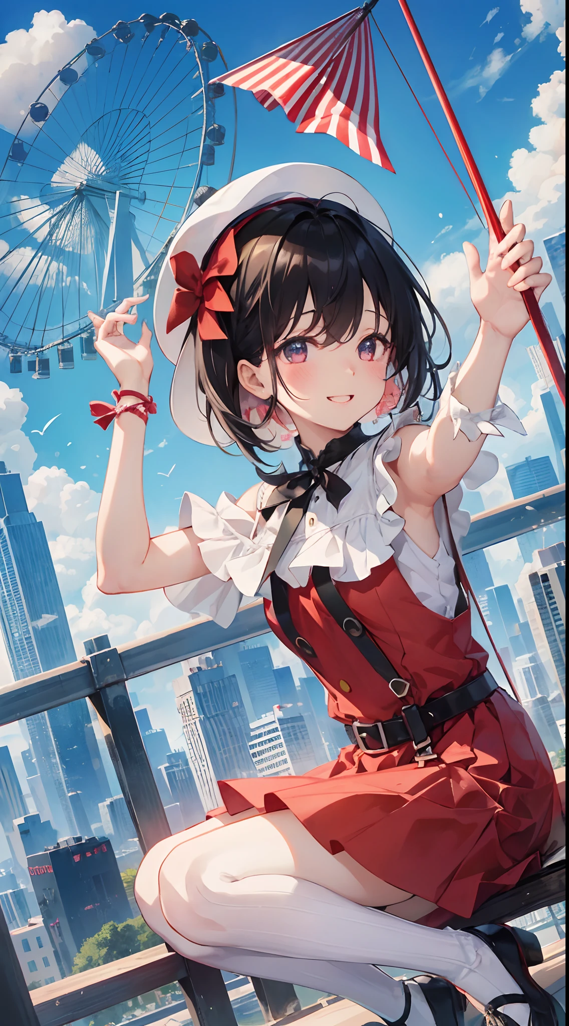 Girl on a trapeze。She wears a red dress and a white hat.、She has short black hair.。Although she bravely turns upside down、The smile is very cute。Her feet had no socks and shoes、Holding a trapeze with bare feet。She seemed free and happy.、Attract the envy of those who watch。There is a blue sky and clouds in the background、Skyscrapers and Ferris wheels can be seen in the distance。In contrast to the hustle and bustle of the city、She is playing quietly in the air