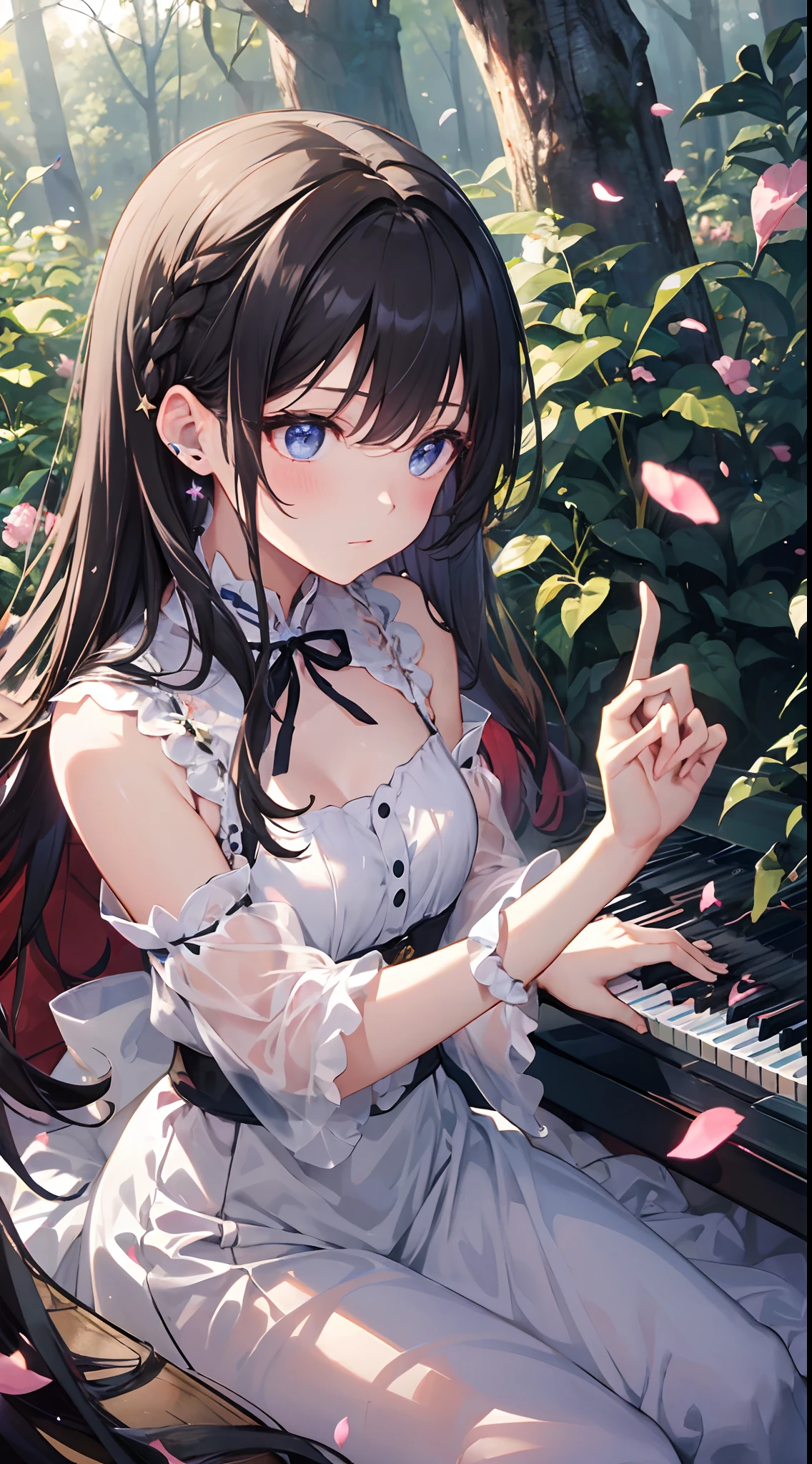 Girl running her finger over piano keyboard。She wears a white dress with a black ribbon.、Her hair is long golden。Music notes and petals flutter around her、Her expression is serious and dainty.。Her performances are beautiful and moving.、Stir the listener's heart。In the background, a fantastic scenery with colorful lights spreads out.。Rainbows and stars shine in the sky、There are forests and lakes on the ground.、It's like being in a dream。She is immersed in her own world.、I don't care about my surroundings