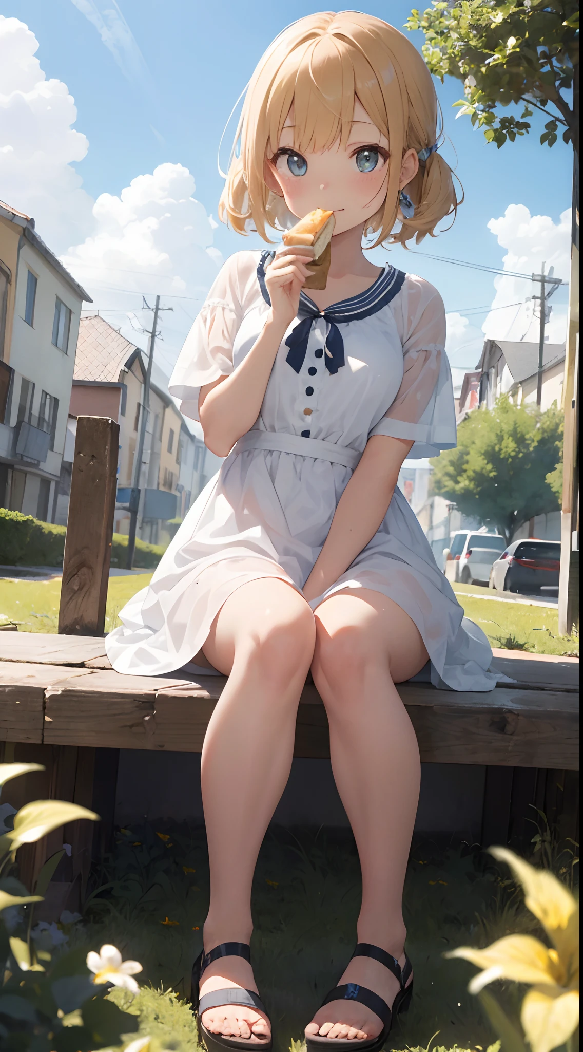 sandwich:Bread with white bread、Ingredients are ham, cheese, lettuce and tomatoes、It is topped with mayonnaise and mustard。The sandwich is cut and、Cross-section is visible。The sandwich is on the plate.、Served with napkins, forks and knives。 girl with:Her hair is blonde and long.、Braided。The face is round and cute。Clothes in white and blue dresses、Has a floral pattern。Shoes in white sandals、Ribbons are attached to the ankles。The girl is sitting、I have a sandwich in my hand.、Eating happily。 scene:There is a beautiful scene floating in the background.、Blue sky, white clouds, green meadow and colorful flowers。The scene is softly painted like a watercolor painting.、It has a dreamy atmosphere。The scene expresses the imagination and sensibility of the girl、Pubic hair shows through、(Beautiful bare pubic hair) ,more_Details:1.5, (More and more_Details:1.9)、