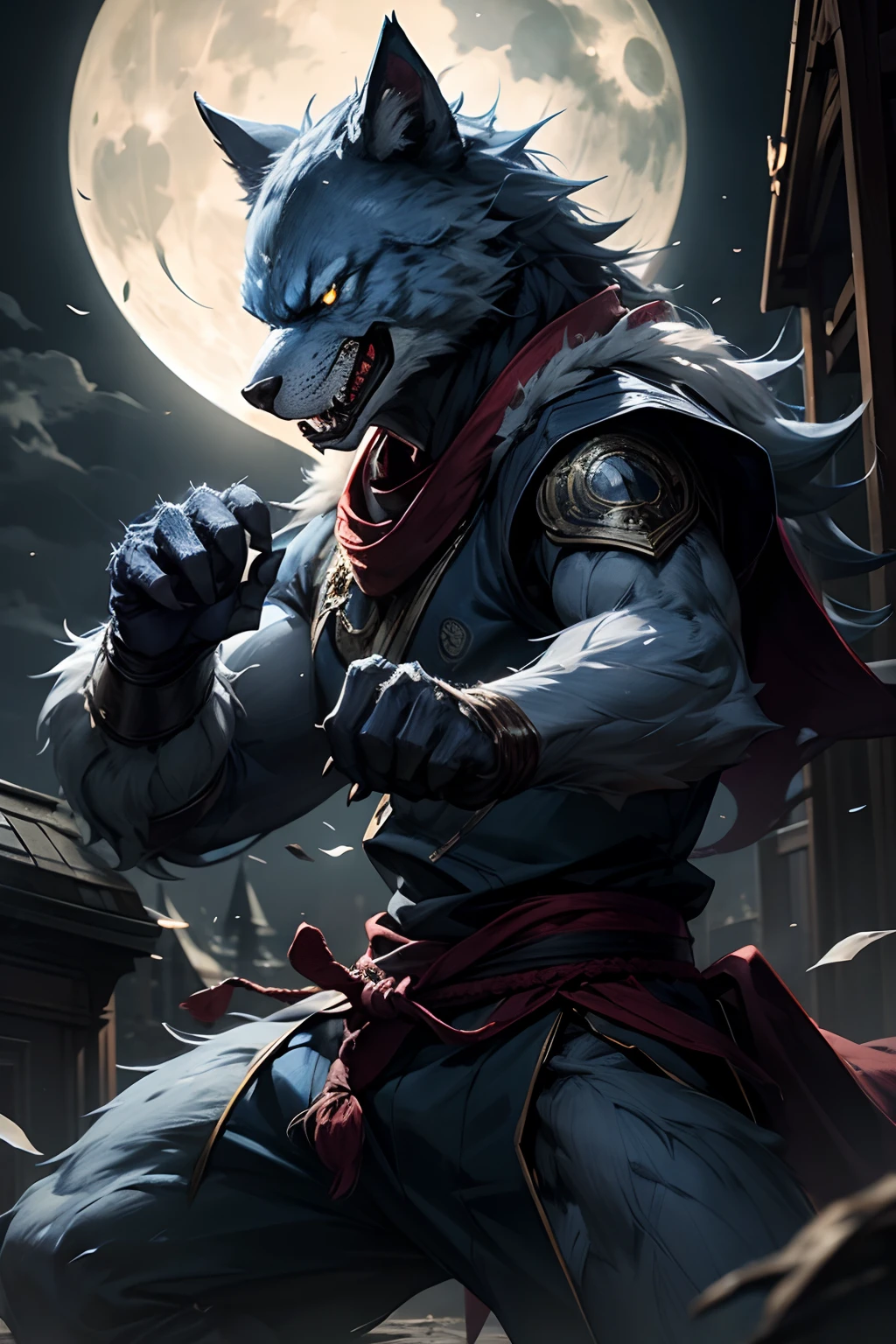 Moonlight, werewolf, martial artist, blue light, roar