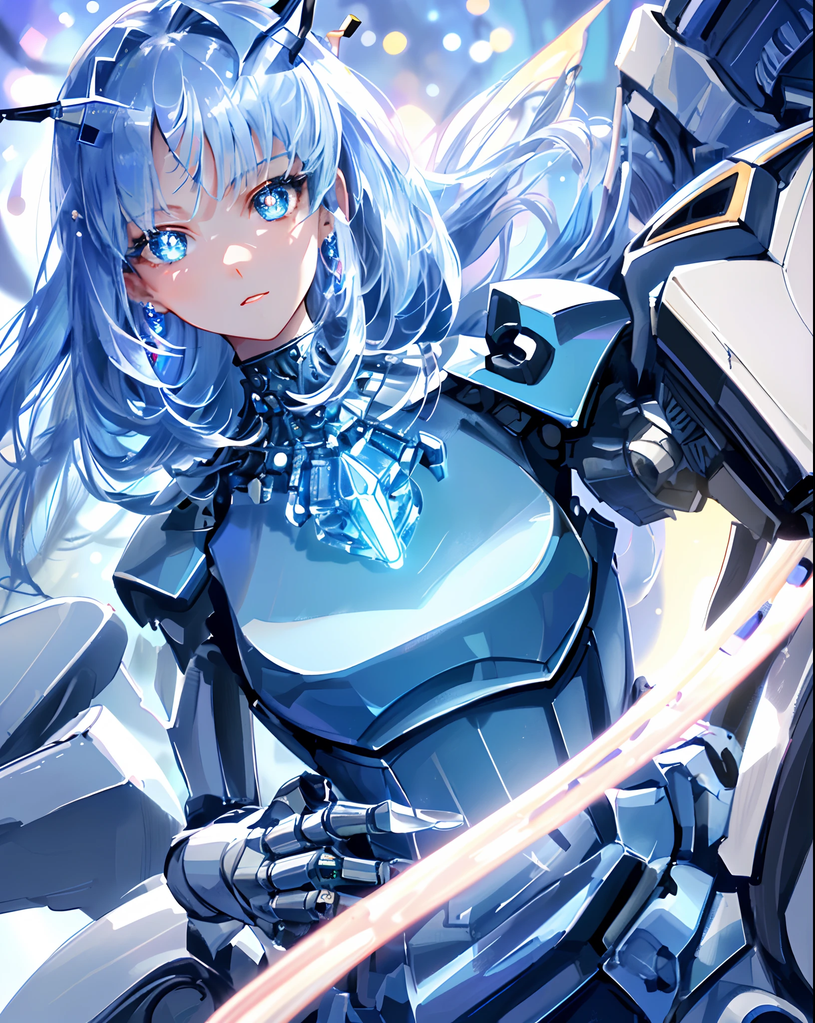 masterpiece, best quality, illustration, sax blue, platinum earrings, platinum necklace, Red maid outfit,Mechanical body,Robotic arms, 1girl, cute, (dynamic lighting:1.2), cinematic lighting, delicate facial features, detailed eyes, sharp pupils, realistic pupils, depth of field, bokeh, sharp focus, (hyper-detailed, bloom, glow:1.4), many small gems