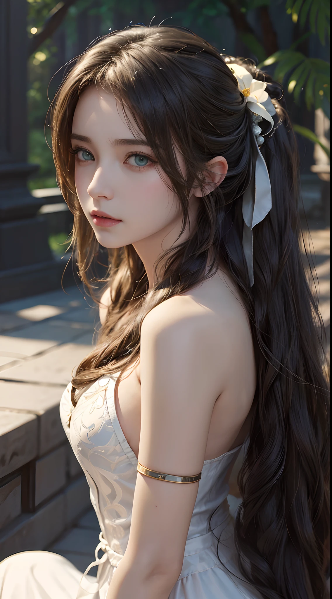 Trends on ArtStation, Trends on CGSociety, Intricate, High Detail, Sharp Focus, Dramatic, Aerith Gainsborough of Final Fantasy, 25 years old, mature looking, Realistic Art of Drawing by Midjourney and Greg Rutkowski, Sketch, Masterpiece, Best Quality, Very Detailed, 1female, Half, Beautiful Meticulous Eyes, Cute Face, Bust, big bossoms, Beautiful Meticulous Face, White Hair, (Botanical Illustration: 1.5),