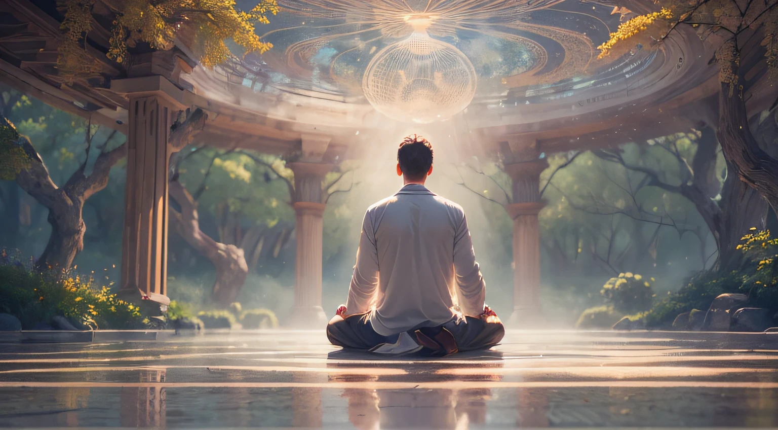 (Man:1.1,peaceful,natural,mindfulness,meditation:1.1),(sony A7s:1.2,Realistic,Ultra HD | |:1.2,alto design:1.2),(Very detailed) Spiritual meditation and self-discovery, o que ajuda a encontrar respostas para perguntas profundas.