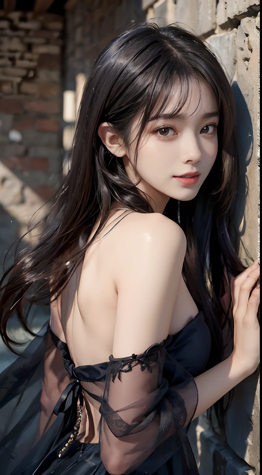 (A hyper-realistic)、(illustratio)、(hight resolution)、(8K)、(ighly detailed)、(Best Illustration)、(beautifully detailed eyes)、(top-quality)、(ultra-detailliert)、(​masterpiece)、(wall-paper）、（A detailed face）、独奏、1 girl in、looking at viewert、fine detailed、A detailed face、in the darkness nigth、deep-shadows、lowkey、pureerosfaceace_v1、A smile、long、Black shawl straight hair、46-point diagonal bangs,　（silk dresses、long  skirt）(off shoulders）View of the castle、、Stand against the wall