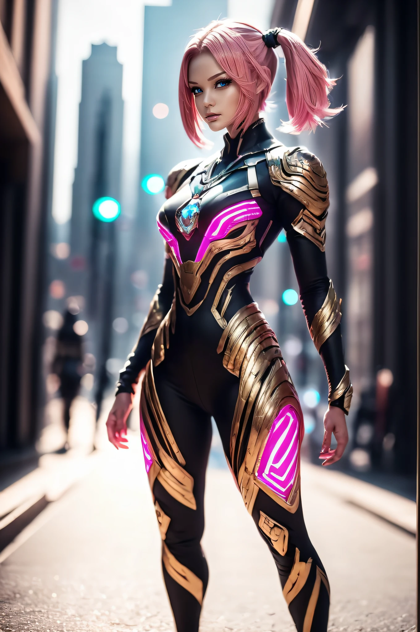 (((full body shot))), ((Top Quality, 16k, Masterpiece: 1.3)), photorealistic, extremely detailed CG unity 8k wallpaper, Depth of field, Cinematic Light, photorealistic, 3D, UHD, intense lighting, lens flare, woman in a futuristic outfit posing for a picture, cute cyborg girl, beutiful girl cyborg, beutiful white girl cyborg, cyborg girl, beautiful cyborg girl, perfect anime cyborg woman, beautiful digital artwork, perfect android girl, cyborg - girl, young lady cyborg, girl in mecha cyber armor, beautiful female android!, ((red glass)), (cutouts and slits throughout the outfit, eye-catching, tempting), (extremely beautiful face), (beautiful eyes), (face with intricate details ), twintails asymmetrical short ((pink hair)), (large breasts: 1.8), perfect proportions, cyberpanek sky city 2344 in the background, cinema quality, Fujicolor, cinema lighting, perfect proportions, background, cinema quality + 36.5 mm f0, low horizon, multilayer texture with fine details