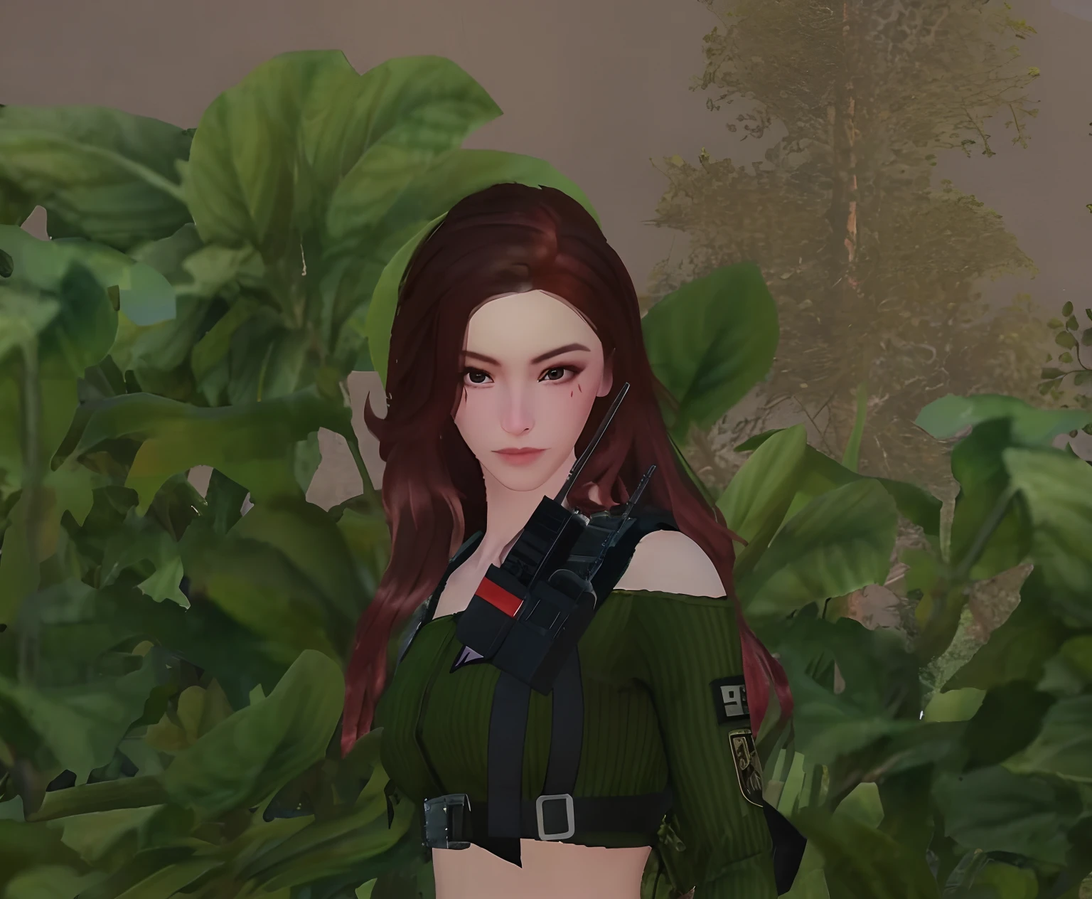 there is a woman with a gun standing in front of a bush, forest hunter lady, upper body avatar, in game, ingame image, inspired by Sim Sa-jeong, gorgeous jungle ranger, soldier girl, soldier outfit, close up character, upper body 2d game avatar, female character, military girl, jungles in the background, infantry girl, female forest archer