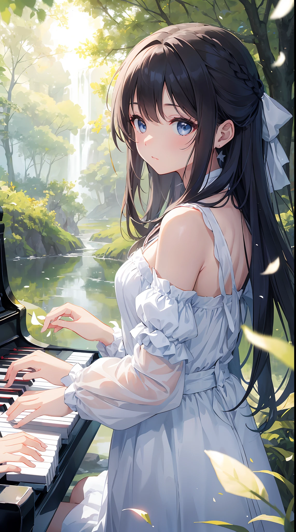 Girl running her finger over piano keyboard。She wears a white dress with a black ribbon.、Her hair is long golden。Music notes and petals flutter around her、Her expression is serious and dainty.。Her performances are beautiful and moving.、Stir the listener's heart。In the background, a fantastic scenery with colorful lights spreads out.。Rainbows and stars shine in the sky、There are forests and lakes on the ground.、It's like being in a dream。She is immersed in her own world.、I don't care about my surroundings