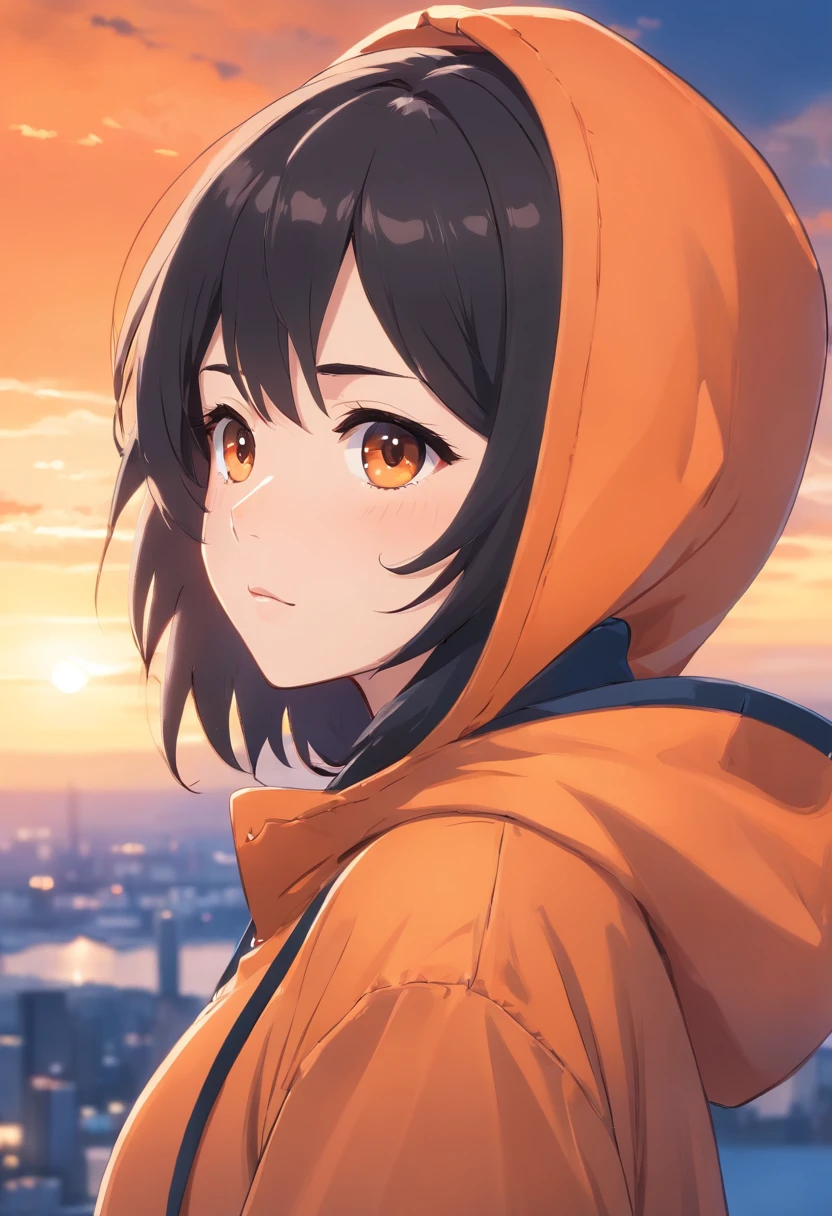 1 side, Black hair slightly curly, Oversized orange hood, Pale white skin, Hot