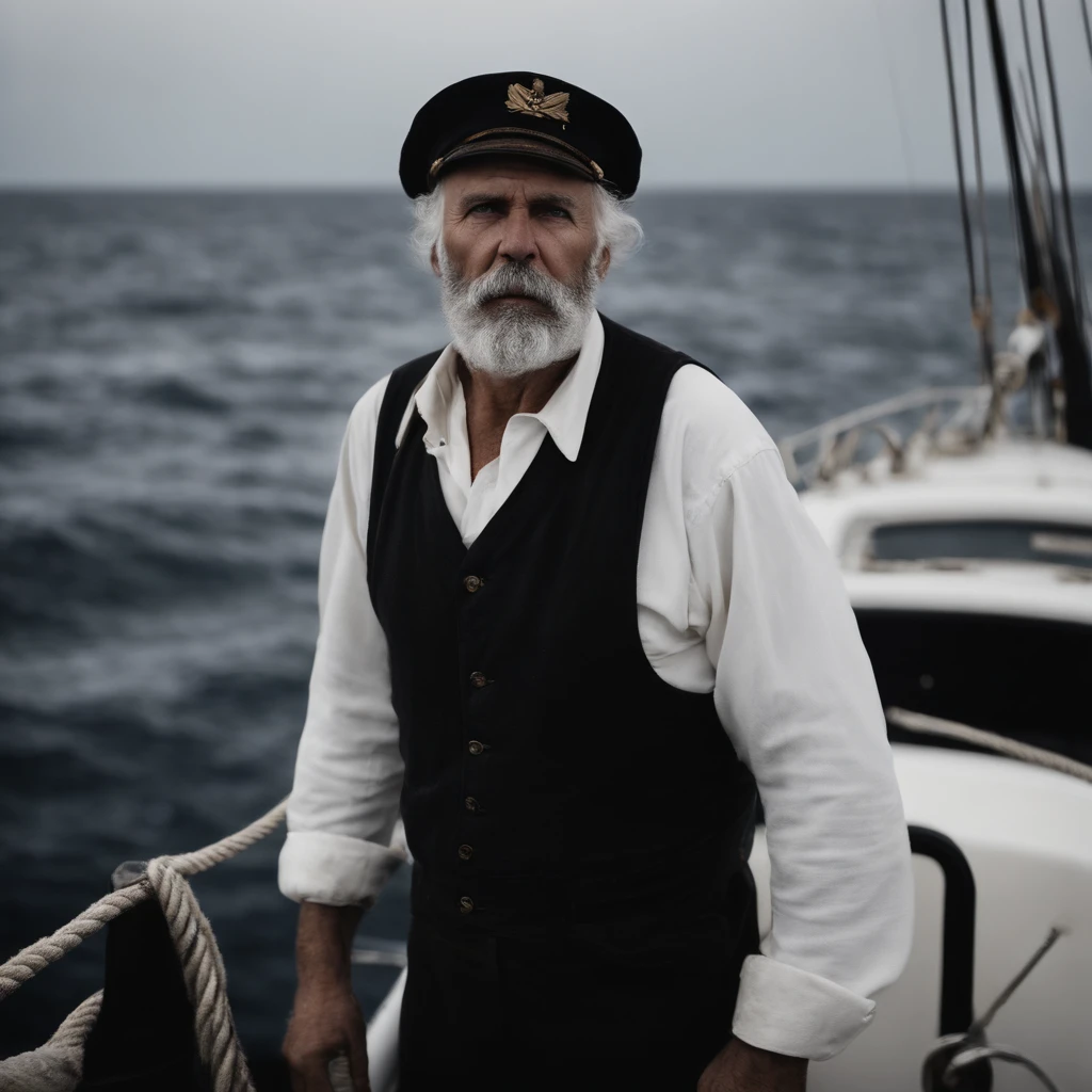 A portrait of a rugged sailor at sea, face weather-beaten, looking into the distance. Classic film grain effect, shot with a Leica M lens, depth of field, DOF, shutter speed 1/500, F/5.6, white balance, 32k, film grain, 4K. -ar 9:16 -s 600 -quality 5 .