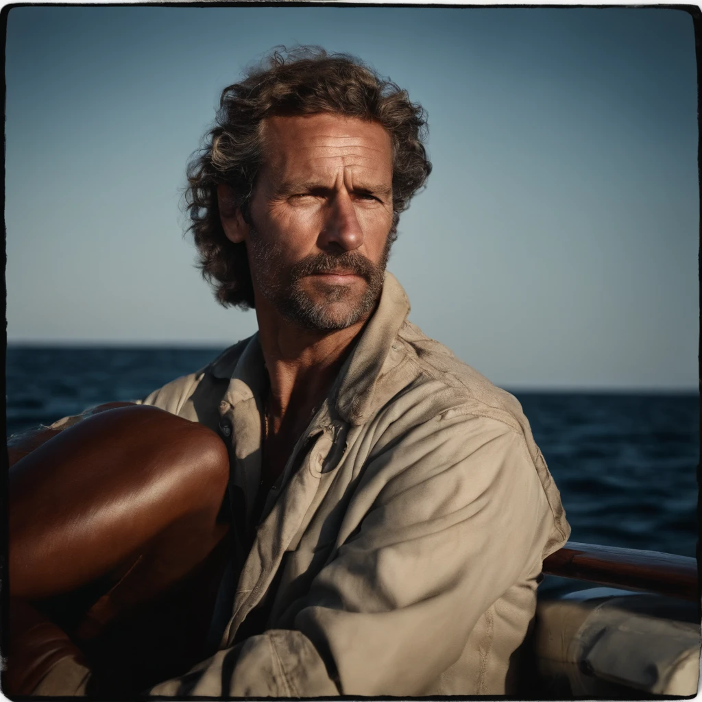 A portrait of a rugged sailor at sea, face weather-beaten, looking into the distance. Classic film grain effect, shot with a Leica M lens, depth of field, DOF, shutter speed 1/500, F/5.6, white balance, 32k, film grain, 4K. -ar 9:16 -s 600 -quality 5 .