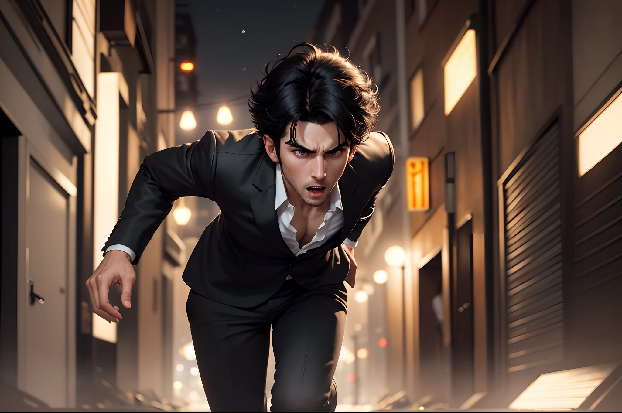 8K realistic image of a 25 year old man, short black hair, perfect symmetry of eyes, wearing a black blazer with a white blouse underneath, expression of fear, running in a narrow night alley, night scene
