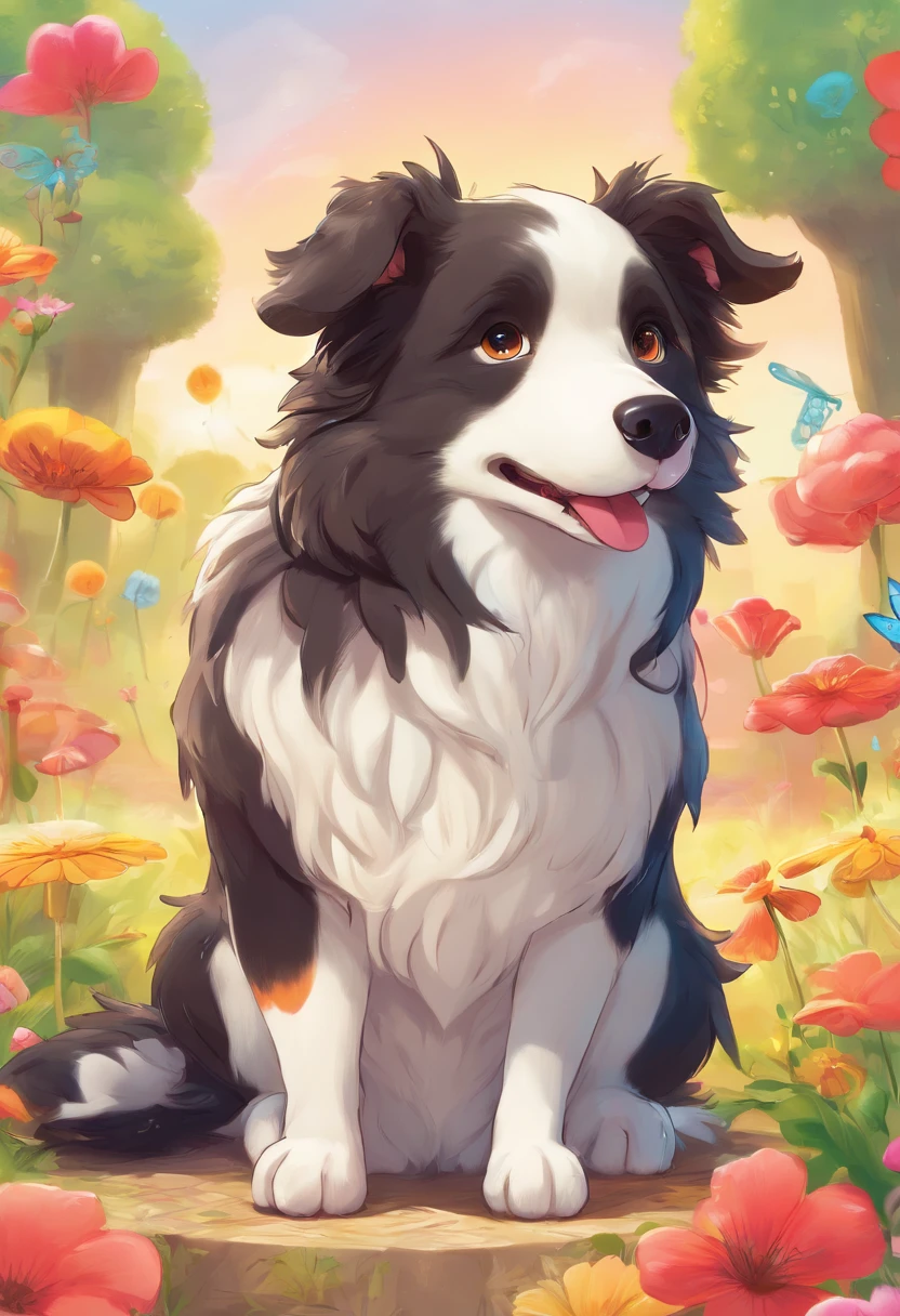 border collie, Overweight, Soft figure,Jonkey, Sitting, Fat monsters，Hayao Miyazaki