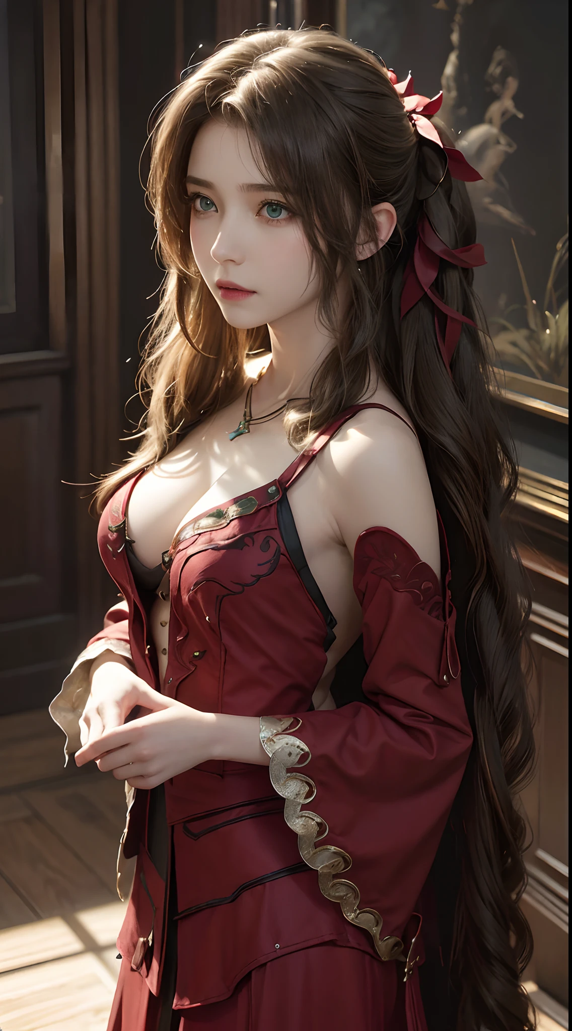 Trends on ArtStation, Trends on CGSociety, Intricate, High Detail, Sharp Focus, Dramatic, Aerith Gainsborough of Final Fantasy, Aerith's original Final fantasy 7 costume, 25 years old, mature looking, Realistic Art of Drawing by Midjourney and Greg Rutkowski, Sketch, Masterpiece, Best Quality, Very Detailed, 1female, Half, Beautiful Meticulous Eyes, Cute Face, Bust, big bossoms, Beautiful Meticulous Face, White Hair, (Botanical Illustration: 1.5),