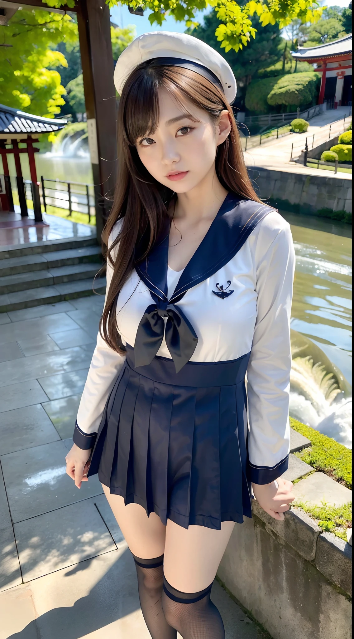 schoolgirl, realistic, photorealistic, Japan, black hair, sailor suit, cute, delicate, 25 years old, gravure, attractive, sexy, breasts big, exciting, wet --auto --s2