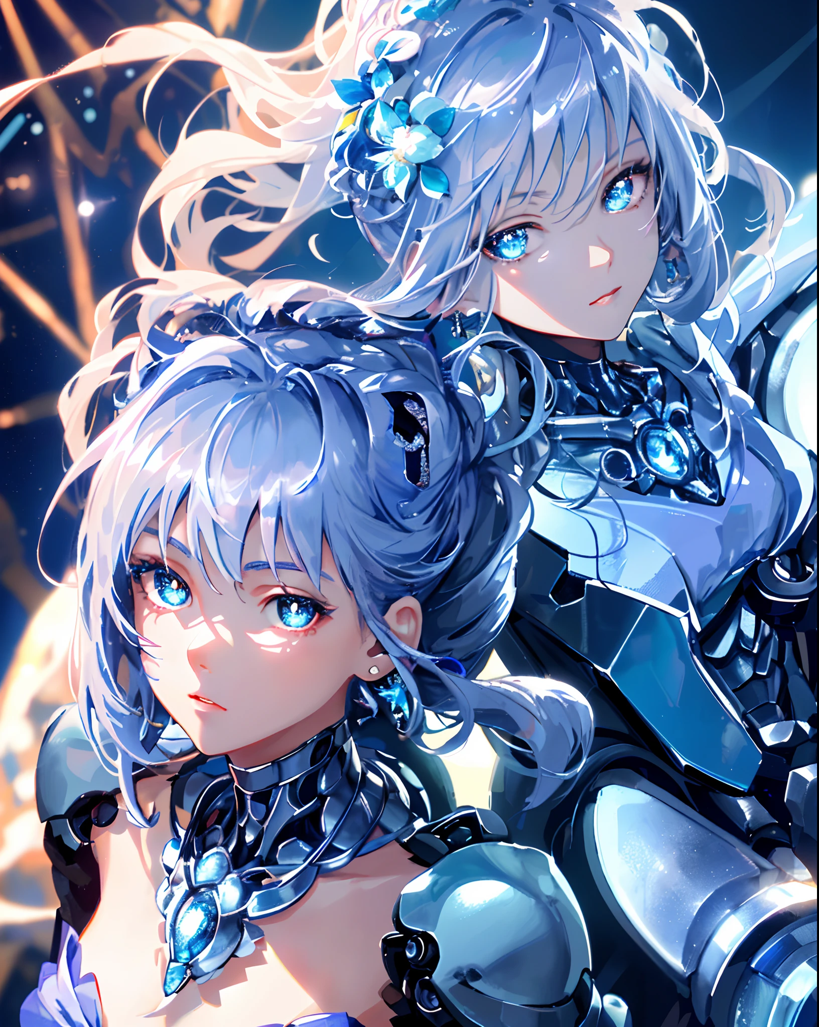 masterpiece, best quality, illustration, sax blue, platinum earrings, platinum necklace, Red maid outfit,Mechanical body,Robotic arms, 1girl, cute, (dynamic lighting:1.2), cinematic lighting, delicate facial features, detailed eyes, sharp pupils, realistic pupils, depth of field, bokeh, sharp focus, (hyper-detailed, bloom, glow:1.4), many small gems