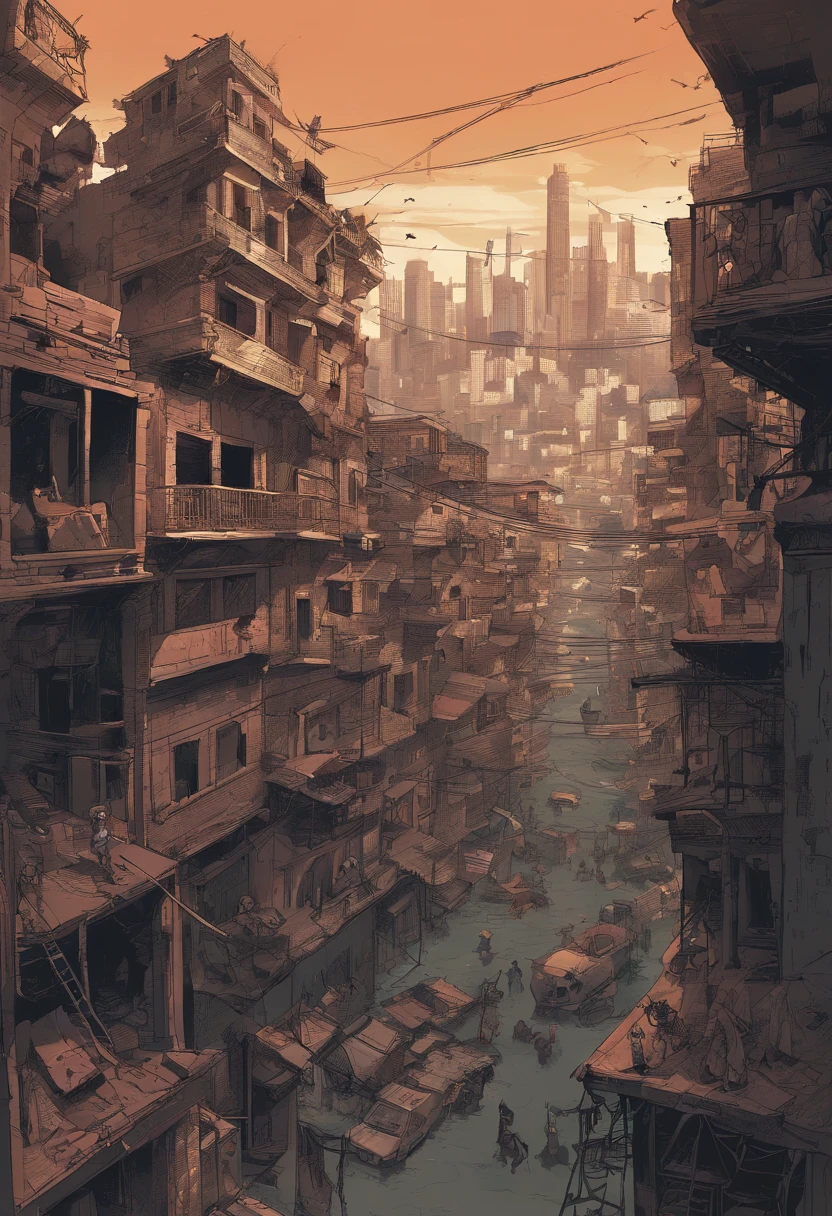 The city is divided into two distinct levels: a opulenta Cidade Alta, com ruas amplas, arquitetura imponente e elites; and the chaotic City of Rats, where gangs fight for survival. The transition between them is abrupt, marked by paved roads that give way to dark alleyways and crumbling buildings. The Rat City is an underworld where gangs and mafias dictate the rules, enquanto a Cidade Alta reflete prosperidade e estabilidade. The city seen from above reveals the duality between opulence and despair, Power and misery, highlighting the struggle for survival and control.