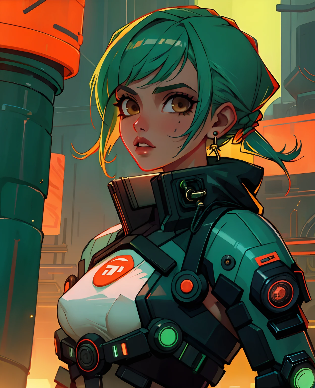 ((melhor qualidade)), ((master part)), ultra-detalhada,Mulher com uma roupa top Cyberpunk  feminino, personagem cyberpunk, arte digital, Garota cyberpunk, no estilo cyberpunk, estilo cyberpunk silenciado, modelo bonito da mulher cyberpunk, roupa cyberpunkn, sexy, seios grandes, gostosa, dingy gym, Cyberpunk, dingy gym, rosto bonito detalhado, brown eyes beautiful lips, NSFW Luz