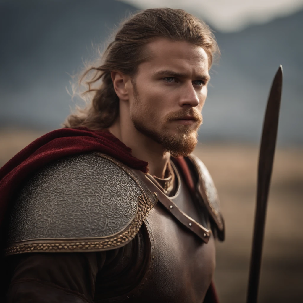 A 24-year-old Viking warrior in traditional dress, standing in the middle of a battlefield, strong and fierce. Shot in portrait style with depth of field effect, tilt blur and shutter speed of 1/1000, F/22. Pay special attention to the lighting, which should be a mixture of natural and cinematic lighting, creating shadows and contrasts on your face. Aim for a hyper-realistic, super-detailed image. -ar 9:16 -s 750 -q 2 -v 5.2.
