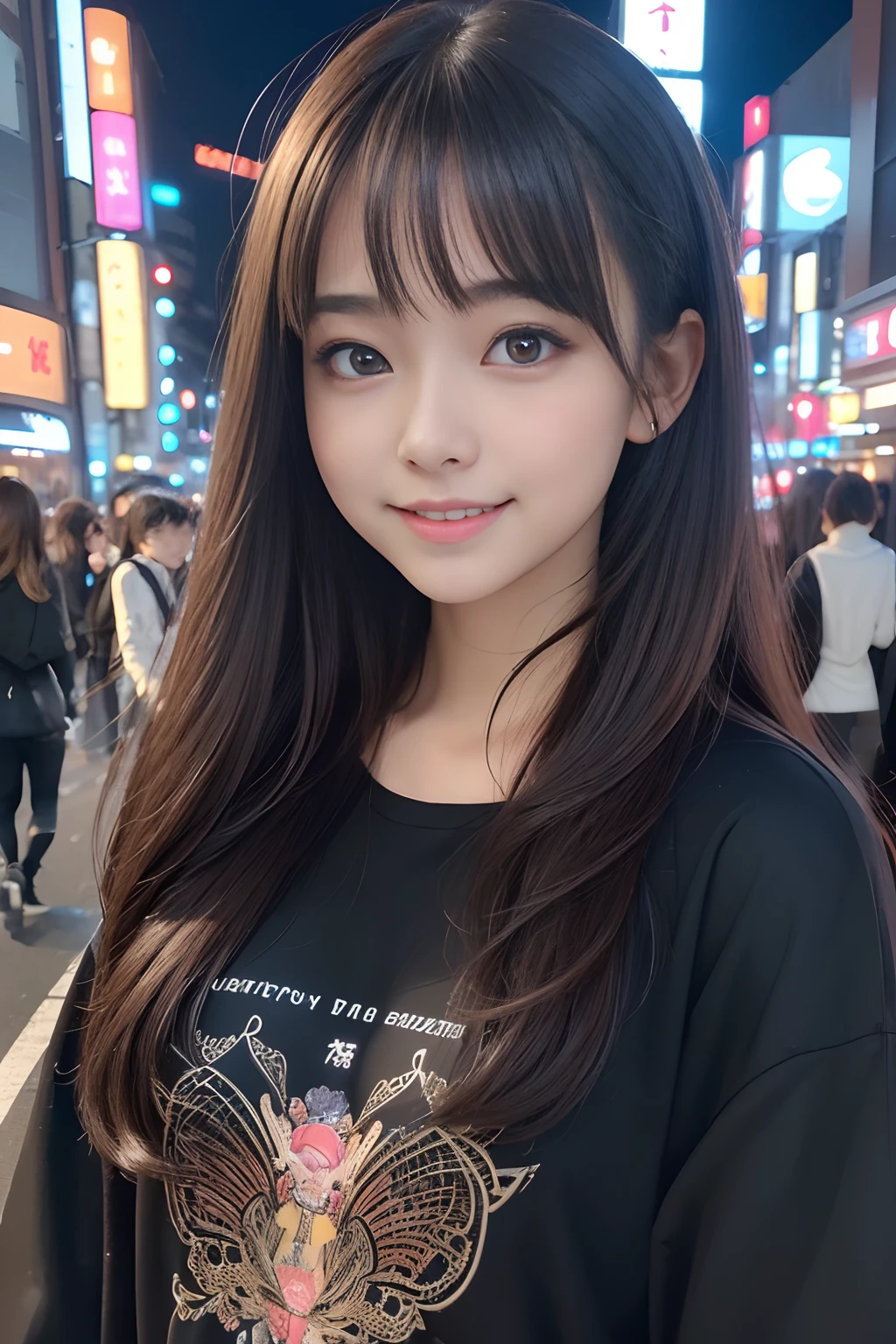 (masuter piece,ultra-quality,16k,Hyper Detailed,Intricate details,Realistic,photographrealistic,perfect anatomia,Professional Lighting、Perfect proportions,Perfect face,18 year old girl,kawaii,ultradetailed eyes、kawaii eyes、dark brown eyes:1.5,Well-formed face、pretty hair)、on tokyo street、A city scape、night cityscape、Neon Street、Happy smile when you see this、