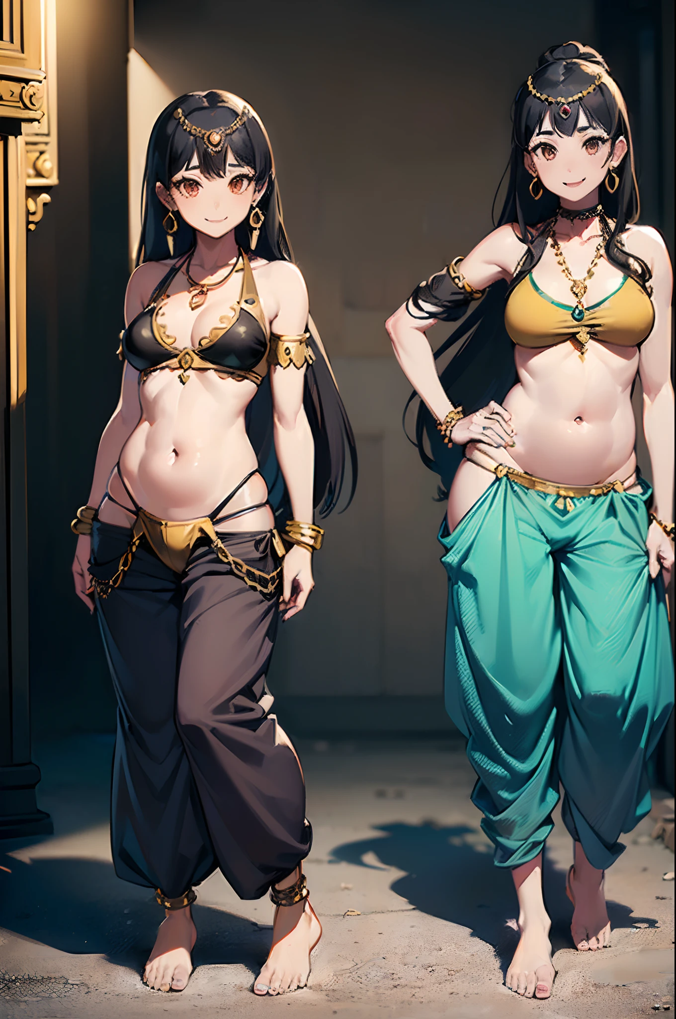 (((dog girl))), (((smile))), (((full body))), (((standing pose))), (((bikini top))), (((jewelry))), ((((very long and baggy Belly Dance Harem Pants)))), (((bare feet))), (((fully detailed)))