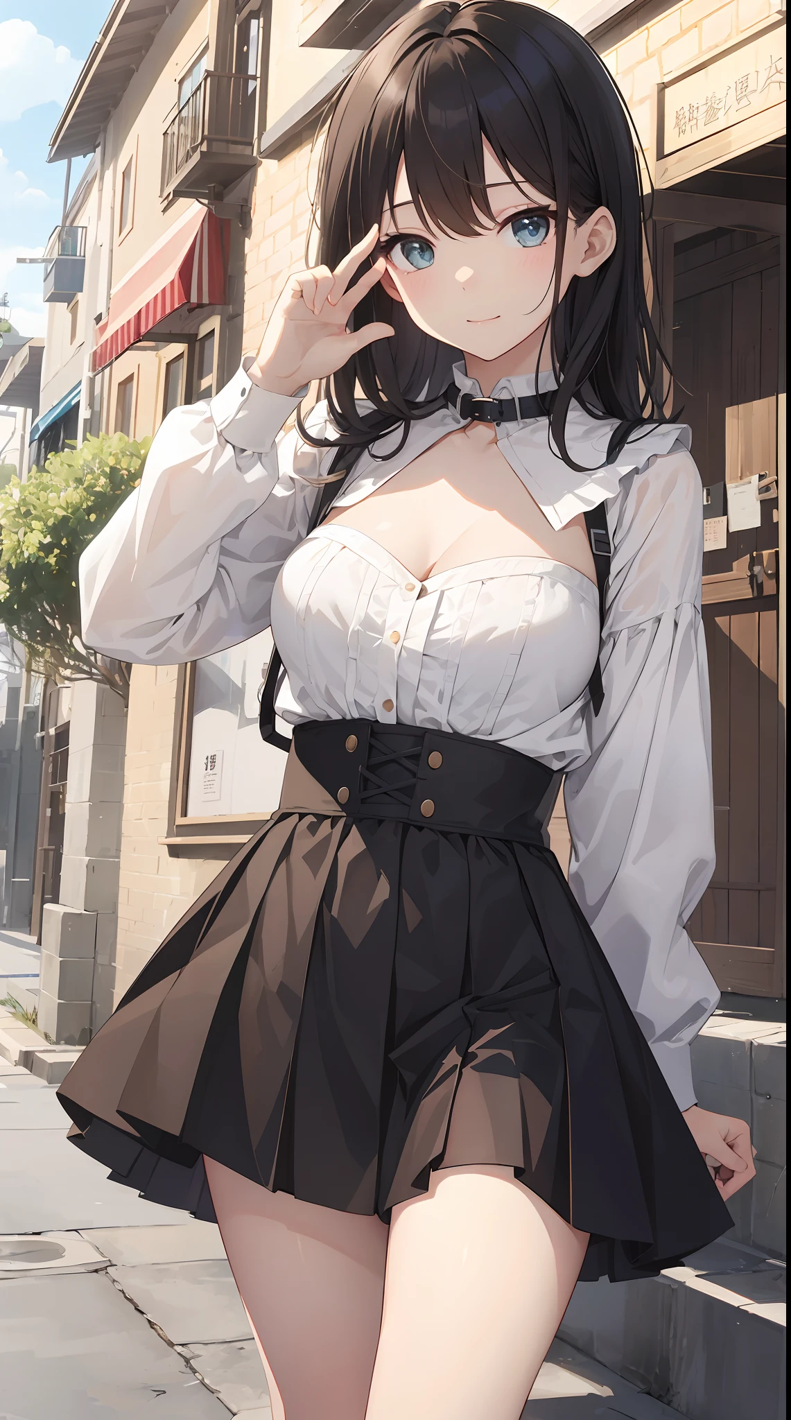 Super beautiful illustration、小柄、kawaii girl、complex、finely eye、Realistic skin texture、Outstanding looks、小柄、adolable、Smooth hair、Cute gesture、Mocking Pose、doress、long-sleeve、With collar、Long length skirt、corsets、Cute socks、cowboy  shot、outside of house、Beautiful park、Three-dimensional、Deep background、Well built building、