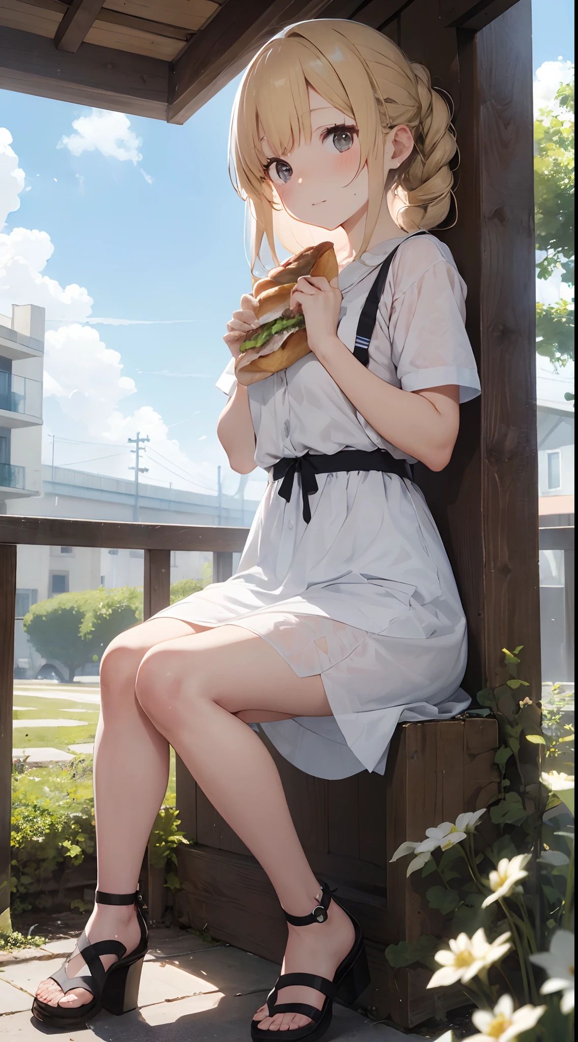 sandwich:Bread with white bread、Ingredients are ham, cheese, lettuce and tomatoes、It is topped with mayonnaise and mustard。The sandwich is cut and、Cross-section is visible。The sandwich is on the plate.、Served with napkins, forks and knives。 girl with:Her hair is blonde and long.、Braided。The face is round and cute。Clothes in white and blue dresses、Has a floral pattern。Shoes in white sandals、Ribbons are attached to the ankles。The girl is sitting、I have a sandwich in my hand.、Eating happily。 scene:There is a beautiful scene floating in the background.、Blue sky, white clouds, green meadow and colorful flowers。The scene is softly painted like a watercolor painting.、It has a dreamy atmosphere。The scene expresses the imagination and sensibility of the girl、Pubic hair shows through、(Beautiful bare pubic hair) ,more_Details:1.5, (More and more_Details:1.9)、