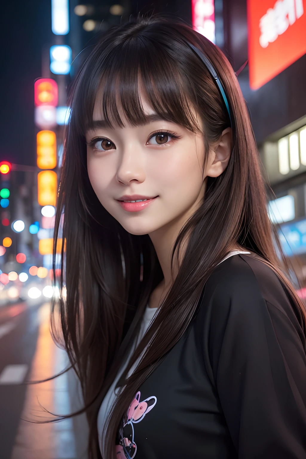 (masuter piece,ultra-quality,16k,Hyper Detailed,Intricate details,Realistic,photographrealistic,perfect anatomia,Professional Lighting、Perfect proportions,Perfect face,18 year old girl,kawaii,ultradetailed eyes、kawaii eyes、dark brown eyes:1.5,Well-formed face、pretty hair)、on tokyo street、A city scape、night cityscape、Neon Street、Happy smile when you see this、