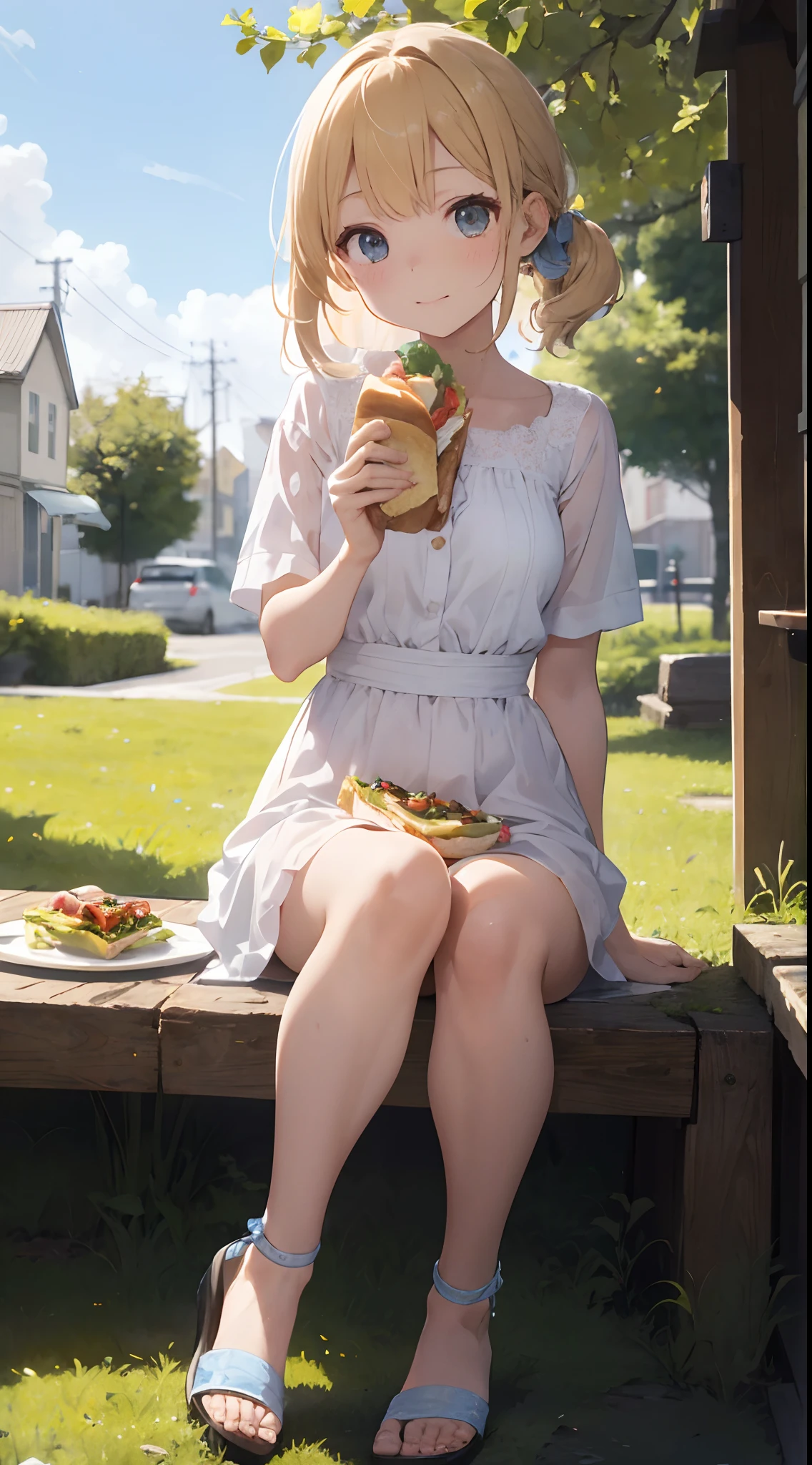 sandwich：Bread with white bread、Ingredients are ham, cheese, lettuce and tomatoes、It is topped with mayonnaise and mustard。The sandwich is cut and、Cross-section is visible。The sandwich is on the plate.、Served with napkins, forks and knives。 girl with：Her hair is blonde and long.、Braided。The face is round and cute。Clothes in white and blue dresses、Has a floral pattern。Shoes in white sandals、Ribbons are attached to the ankles。The girl is sitting、I have a sandwich in my hand.、Eating happily。 scene：There is a beautiful scene floating in the background.、Blue sky, white clouds, green meadow and colorful flowers。The scene is softly painted like a watercolor painting.、It has a dreamy atmosphere。The scene expresses the imagination and sensibility of the girl、Pubic hair shows through、(Beautiful bare pubic hair) ,more_Details:1.5, (More and more_Details:1.9)、