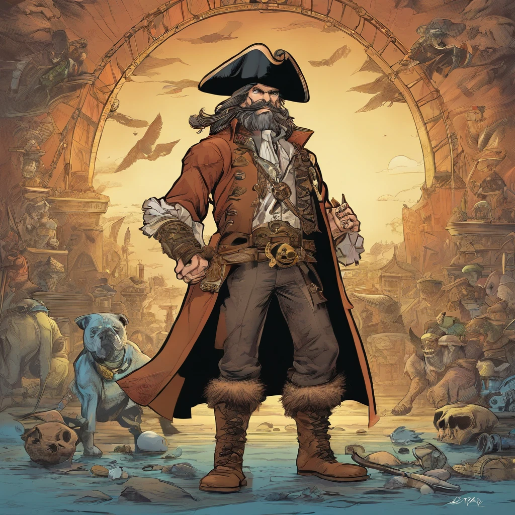 (masterpiece, best quality) detailed, character sheet, , show case, many items shown ( the same person, brown fur hat with feathers on it, hook, boots, black letter jacket with skull patterns, golden tooth) 40 year old pirate with a broken leg and owns a bulldog