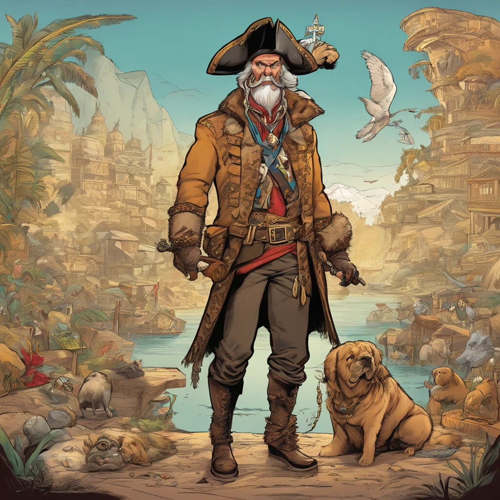 (masterpiece, best quality) detailed, character sheet, , show case, many items shown ( the same person, brown fur hat with feathers on it, hook, boots, black letter jacket with skull patterns, golden tooth) 40 year old pirate with a broken leg and owns a bulldog