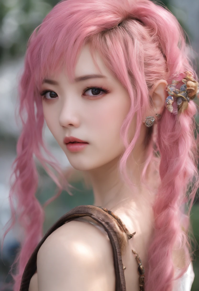 A beautiful Korean girl，Long pink hair，Tattooed with，full bodyesbian，nude，Bad girl，s the perfect face，Put on light makeup，Wear a ruby ring，breasts，Have on the street，Ultra photo realsisim，8K