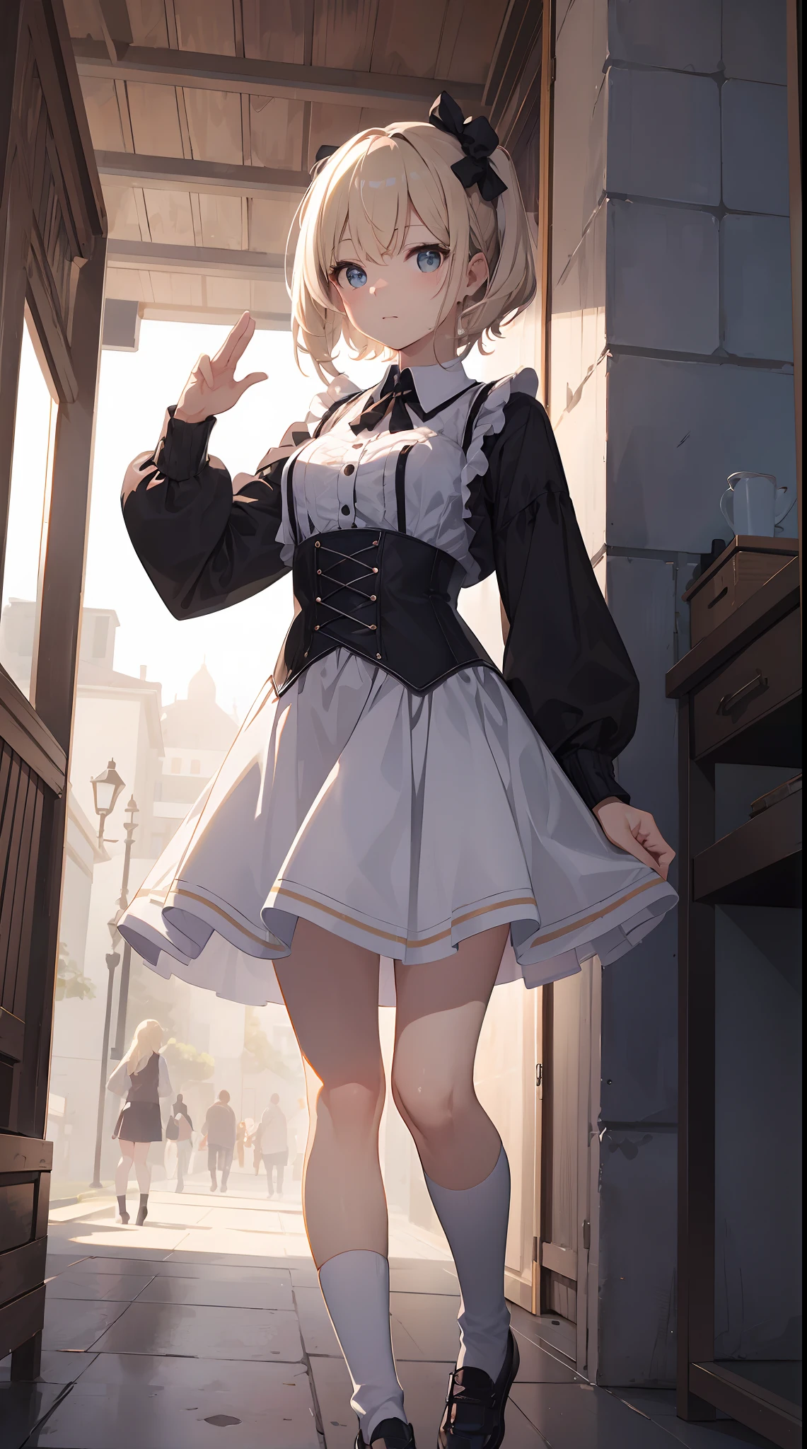 Super beautiful illustration、小柄、kawaii girl、complex、finely eye、Realistic skin texture、Outstanding looks、小柄、adolable、Smooth hair、Cute gesture、Mocking Pose、doress、long-sleeve、With collar、Long length skirt、corsets、Cute socks、cowboy shot、outside of house、Beautiful park、Three-dimensional、Deep background、Well built building、