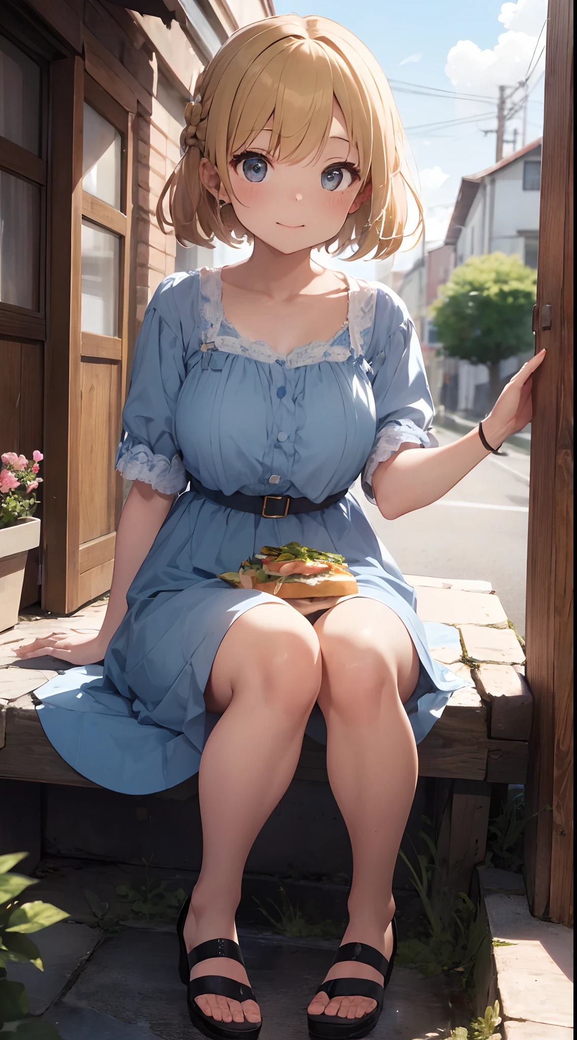 sandwich：Bread with white bread、Ingredients are ham, cheese, lettuce and tomatoes、It is topped with mayonnaise and mustard。The sandwich is cut and、Cross-section is visible。The sandwich is on the plate.、Served with napkins, forks and knives。 girl with：Her hair is blonde and long.、Braided。The face is round and cute。Clothes in white and blue dresses、Has a floral pattern。Shoes in white sandals、Ribbons are attached to the ankles。The girl is sitting、I have a sandwich in my hand.、Eating happily。 scene：There is a beautiful scene floating in the background.、Blue sky, white clouds, green meadow and colorful flowers。The scene is softly painted like a watercolor painting.、It has a dreamy atmosphere。The scene expresses the imagination and sensibility of the girl、Pubic hair shows through、(Beautiful bare pubic hair) ,more_Details:1.5, (More and more_Details:1.9)、
