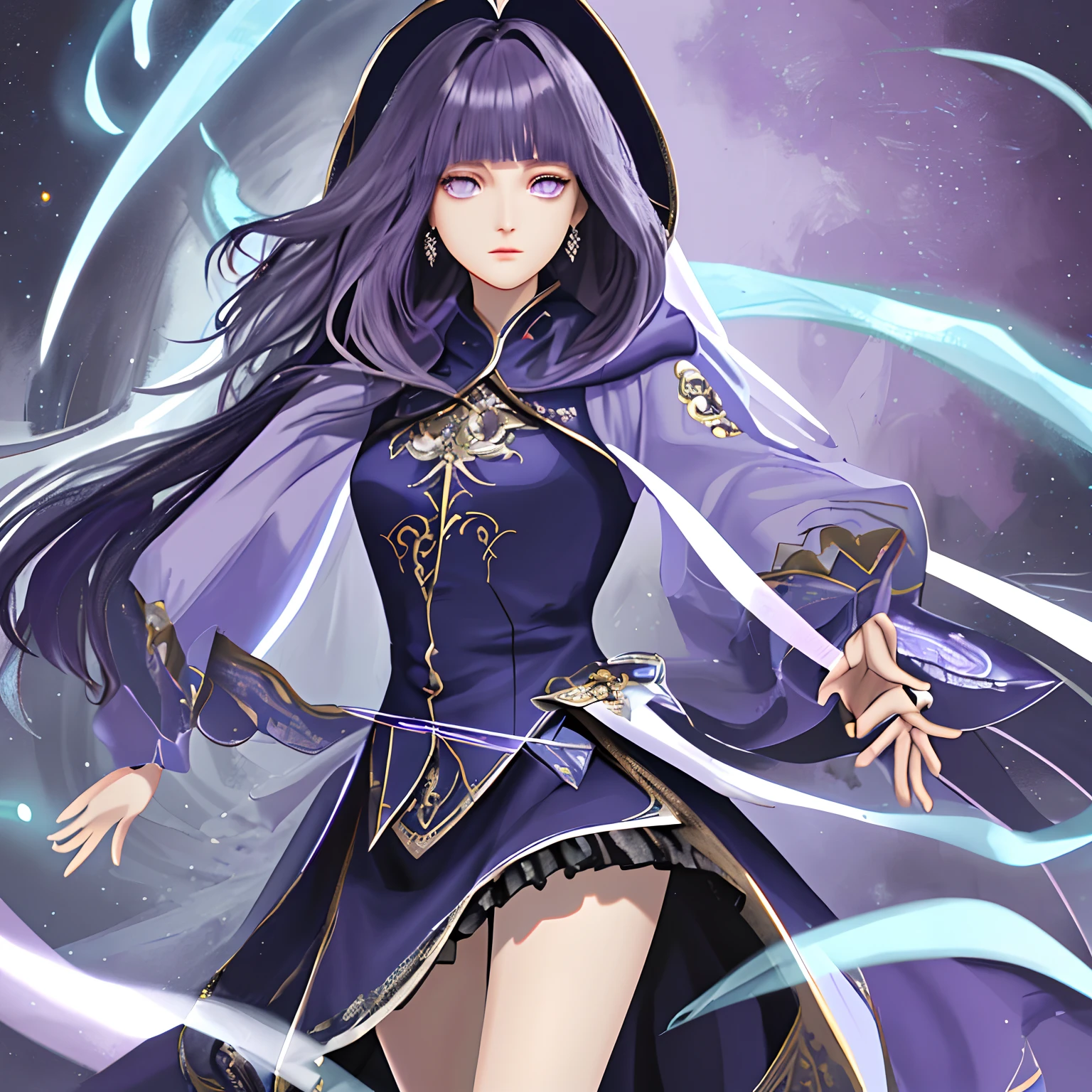 (A high resolution,ultra - detailed), offcial art, Unity 8k壁纸, Ultra-detailed, Beautiful and aesthetically pleasing, tmasterpiece, best qualityer,long skirt,Slim and slim girl,Wear a tulle dress with shimmering broken diamonds,With a hood,Hood head,The material of the clothes is very light,Gaia style,The clothes are wrapped in an auspicious cloud pattern,Blunt Bangs, purple eyes, long wavy dark blue hair