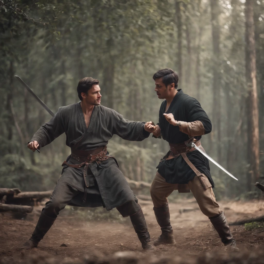 men fighting with action swords