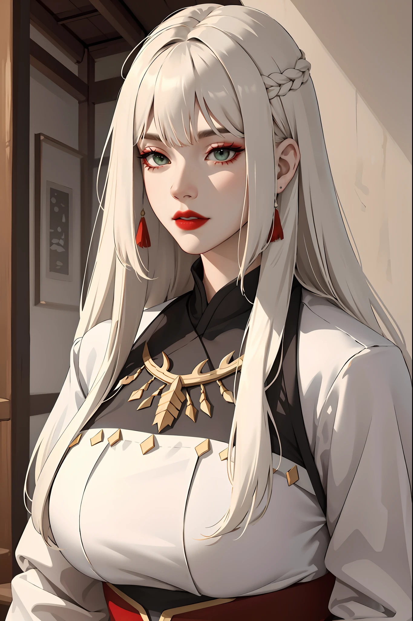(masterpiece:1.2, best quality), (real picture, intricate details), 1lady, solo, upper body, casual, long hair, heavy makeup, white face, red lipstick, red eyeshadow, natural fabrics, close-up face, serious, warrior, female warrior, armour, really long light platinum blonde hair, bangs, platinum blonde voluminous hair, green eyes, big tits, big breasts, really big tits, Korean bangs, cute bangs, wispy bangs, pointy bangs, pointy bangs between eyes, soft bangs, mature face, 1female, 1woman, 1beautiful girl.