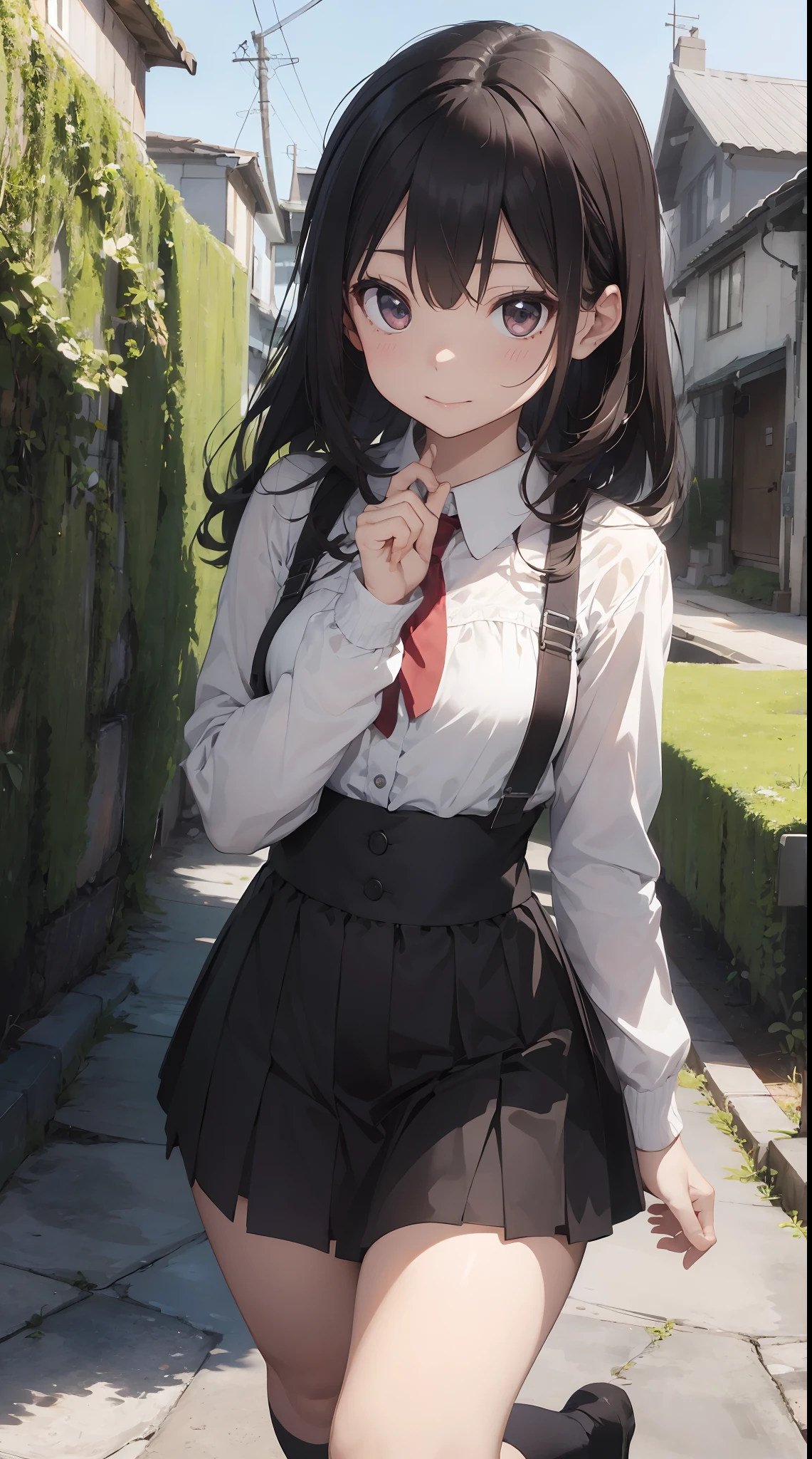Super beautiful illustration、小柄、kawaii girl、complex、finely eye、Realistic skin texture、Outstanding looks、小柄、adolable、Smooth hair、Cute gesture、Mocking Pose、doress、long-sleeve、With collar、Long length skirt、corsets、Cute socks、cowboy shot、outside of house、Beautiful park、Three-dimensional、Deep background、Well built building、