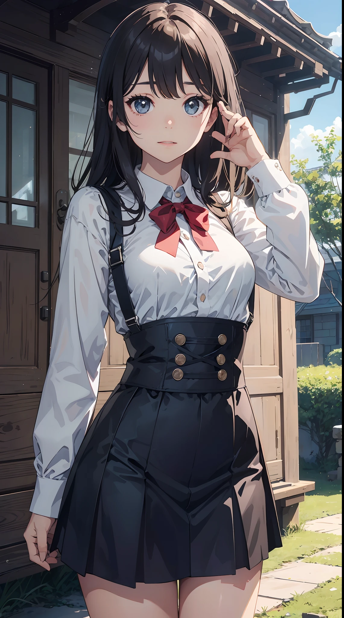 Super beautiful illustration、小柄、kawaii girl、complex、finely eye、Realistic skin texture、Outstanding looks、小柄、adolable、Smooth hair、Cute gesture、Mocking Pose、doress、long-sleeve、With collar、Long length skirt、corsets、Cute socks、cowboy  shot、outside of house、Beautiful park、Three-dimensional、Deep background、Well built building、
