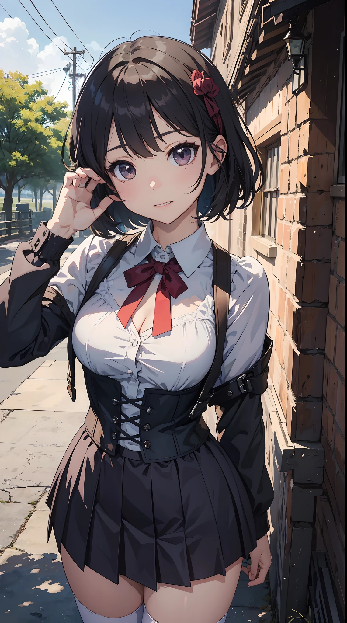 (best quality:1.2), (highest quality:1.2), (perfection:1.1), (flawless:1.1), urban street, 1girl, crazy girl, (dominant look:1.3), evil smirk, short height, blouse, skirt, (straight hair:1.1), small breasts, (best quality eyes:1.1), highly detailed, 8k, best quality resolution, (most beautiful upscale:1.1)