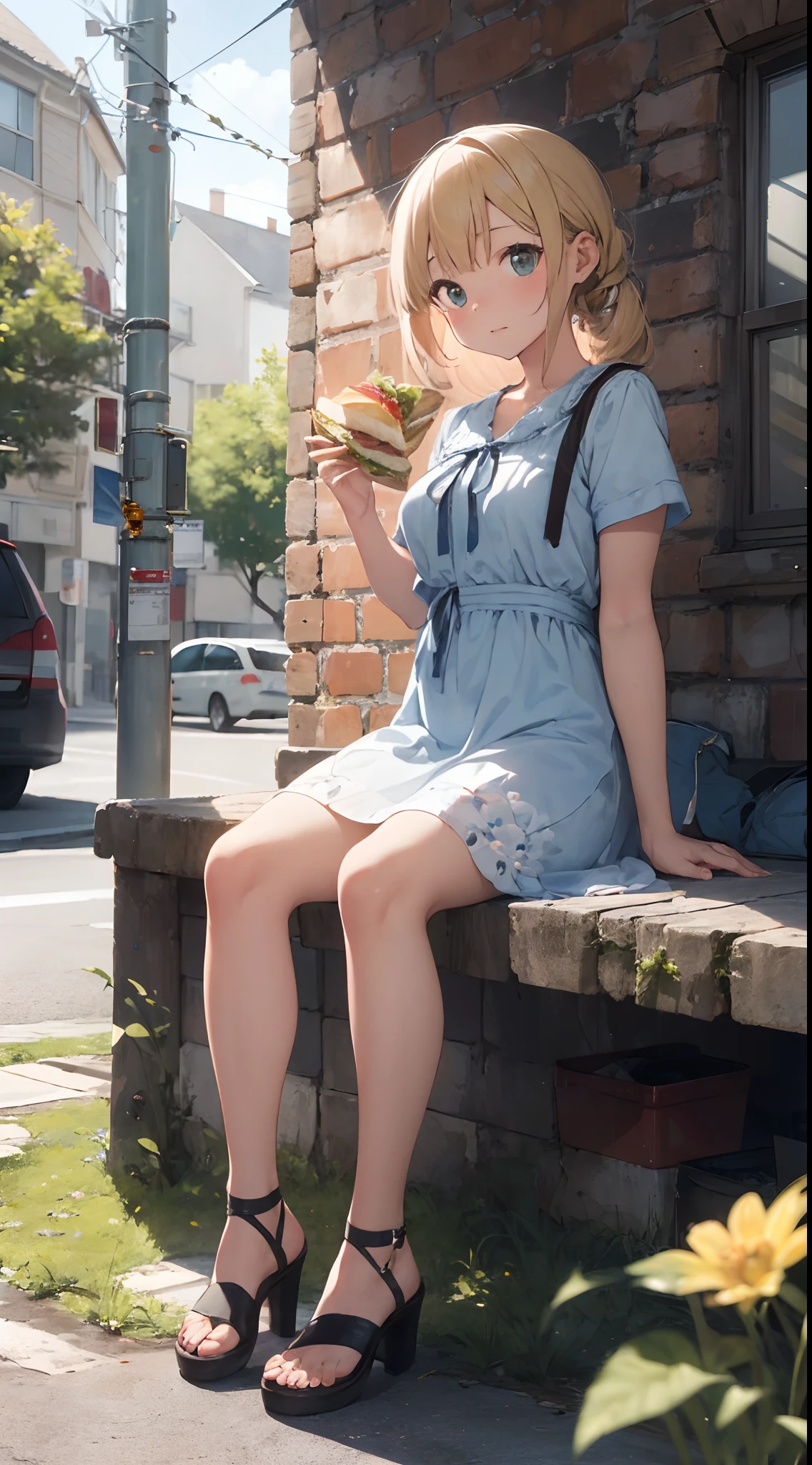 sandwich:Bread with white bread、Ingredients are ham, cheese, lettuce and tomatoes、It is topped with mayonnaise and mustard。The sandwich is cut and、Cross-section is visible。The sandwich is on the plate.、Served with napkins, forks and knives。 girl with:Her hair is blonde and long.、Braided。The face is round and cute。Clothes in white and blue dresses、Has a floral pattern。Shoes in white sandals、Ribbons are attached to the ankles。The girl is sitting、I have a sandwich in my hand.、Eating happily。 scene:There is a beautiful scene floating in the background.、Blue sky, white clouds, green meadow and colorful flowers。The scene is softly painted like a watercolor painting.、It has a dreamy atmosphere。The scene expresses the imagination and sensibility of the girl、Pubic hair shows through、(Beautiful bare pubic hair) ,more_Details:1.5, (More and more_Details:1.9)、