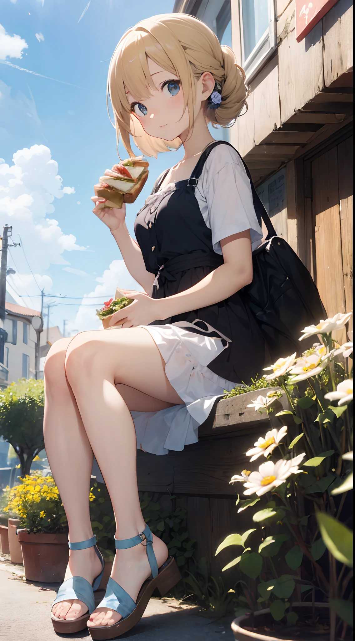 sandwich:Bread with white bread、Ingredients are ham, cheese, lettuce and tomatoes、It is topped with mayonnaise and mustard。The sandwich is cut and、Cross-section is visible。The sandwich is on the plate.、Served with napkins, forks and knives。 girl with:Her hair is blonde and long.、Braided。The face is round and cute。Clothes in white and blue dresses、Has a floral pattern。Shoes in white sandals、Ribbons are attached to the ankles。The girl is sitting、I have a sandwich in my hand.、Eating happily。 scene:There is a beautiful scene floating in the background.、Blue sky, white clouds, green meadow and colorful flowers。The scene is softly painted like a watercolor painting.、It has a dreamy atmosphere。The scene expresses the imagination and sensibility of the girl、Pubic hair shows through、(Beautiful bare pubic hair) ,more_Details:1.5, (More and more_Details:1.9)、