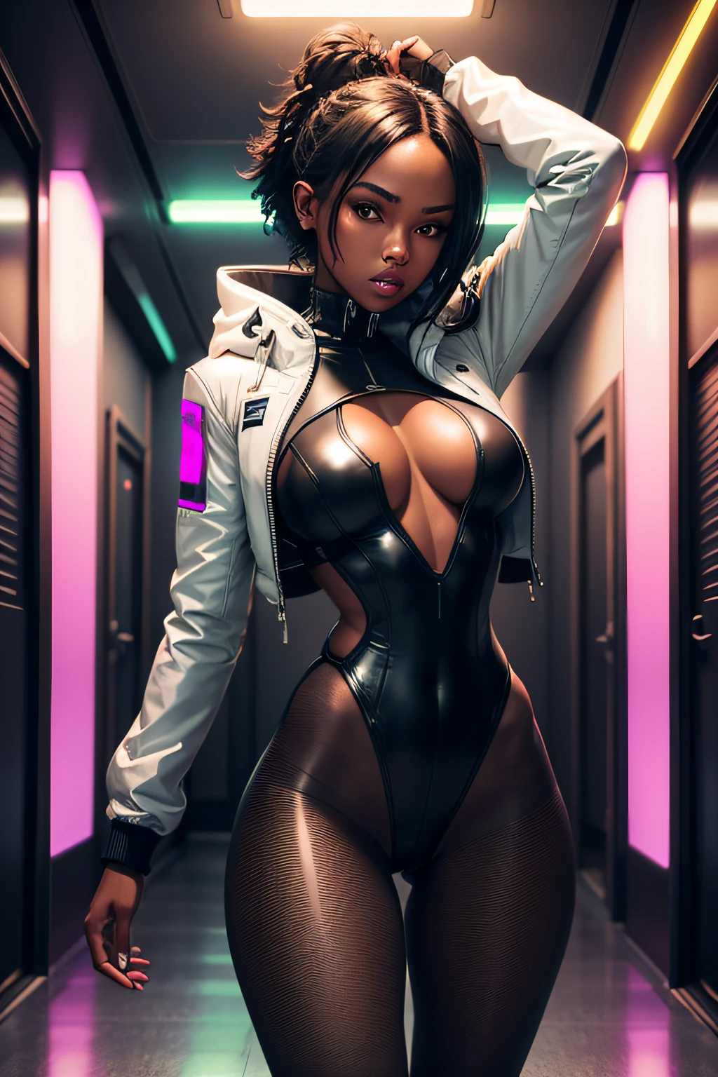 Toned black woman seethru white leotard and cyberpunk jacket , pantyhose. Arms raised behind head pushing chest out and standing in hallway with neon lights