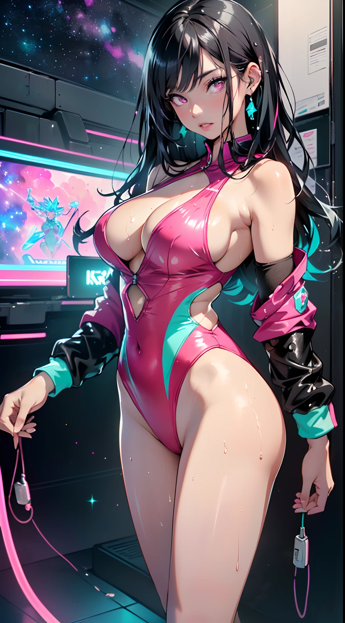 sporty girl with Asian features,(((1girl))),((girl with dark hair and turquoise highlights,)),(asian girl),

(large breasts:1.4),saggy breasts,(((Black hair with turquoise streaks:1.35,straight hair,long hair:1.4,colored inner hair,ear breathing))),(((neon_pink_eyes:1.3))),intricate eyes,beautiful detailed eyes,symmetrical eyes,((fat)),(((lustrous skin:1.5,bright skin: 1.5,skin tanned,shiny skin,very shiny skin,shiny body,plastic glitter skin,exaggerated shiny skin,illuminated skin, wet legs))),(spider lower abdomen,narrow waist,wide hip,athletic body,inflated legs,detailed body,(detailed face)),

cute,slutty,seductive,erotic,(((nsfw))),

zettai ryouiki,((one-piece_swimsuit magenta,wearing a one-piece_swimsuit outfit:1.3,swimsuit type spacesuit,magenta armor swimsuit:1.3)),((wet clothes,intricate outfit,intricate clothes)),

(dynamic pose:1.0),embarrassed,(centered,scale to fit dimensions,Rule of thirds),

cyberpunk city by the ocean at night, with bright neon signs and dark stormy clouds and puddles, scenery:1.25,

artistic photography,(photography taken by sldr),highres, sharp focus, (ultra detailed, extremely detailed), (photorealistic artwork:1.37),(extremely detailed CG unity 8k wallpaper),((synthwave background theme)),(((vibrant colors))),(intricate background),(masterpiece),(best quality),