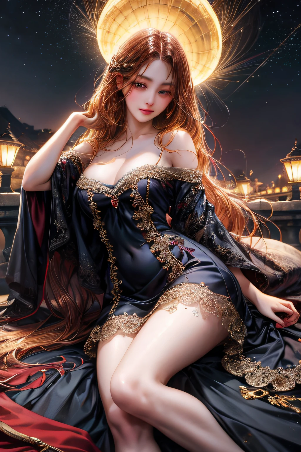 (absurdos, highres, ultra detallado), 1girl, solo, maduro, (cabello muy largo, cabello dorado, flequillo: 1.4), barroco, vestido largo, manga larga, elegante, colorido, highest detailed, parte superior del cuerpo, ojos azules  bajo la lluvia, siglo 21, ciudad de corea paisaje nocturno, A sexy expression