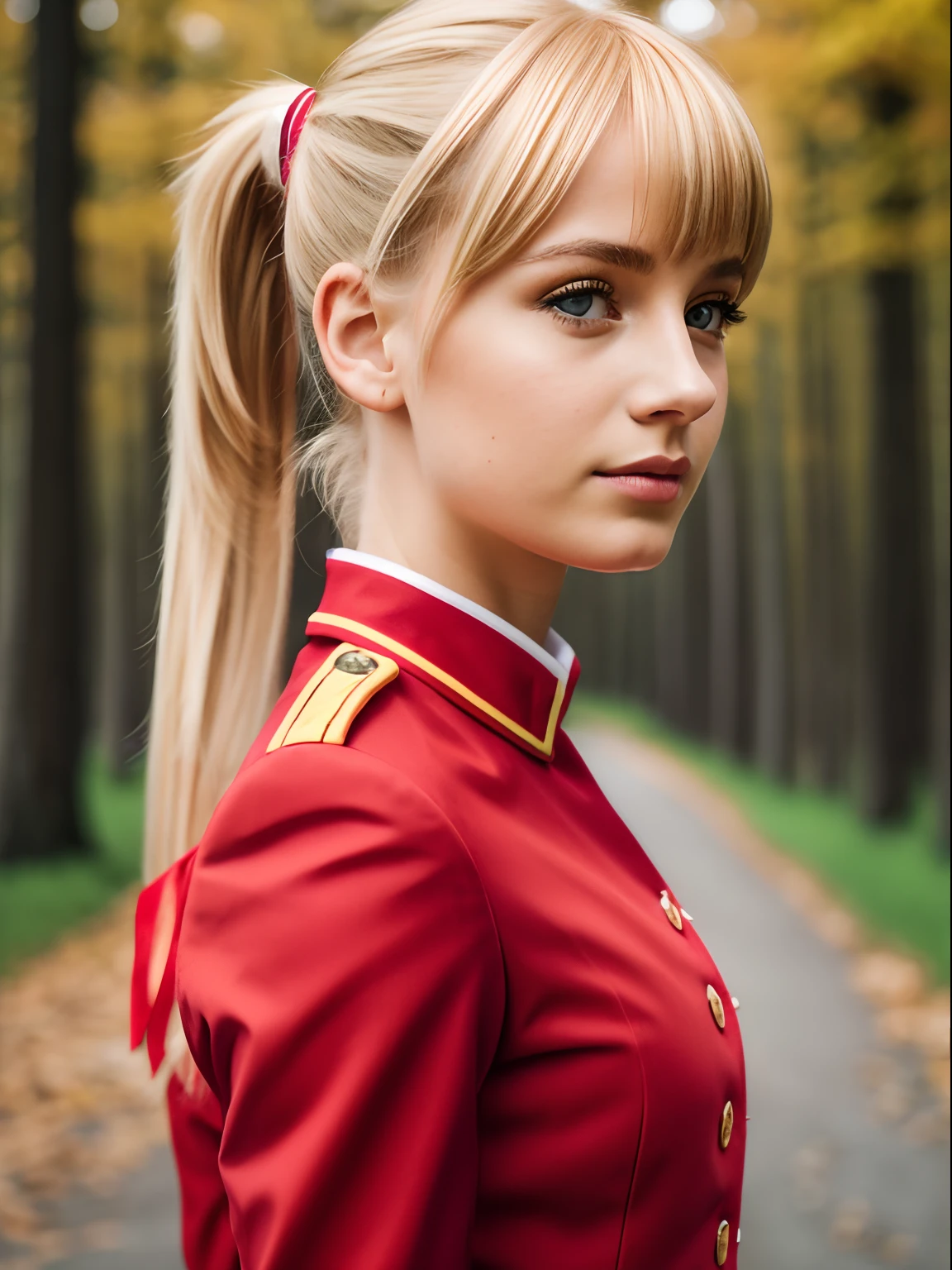 liscia, 1girl, red uniform, blonde hair, photography, portrait, 8k, germany girl, half body, ponytail, bangs