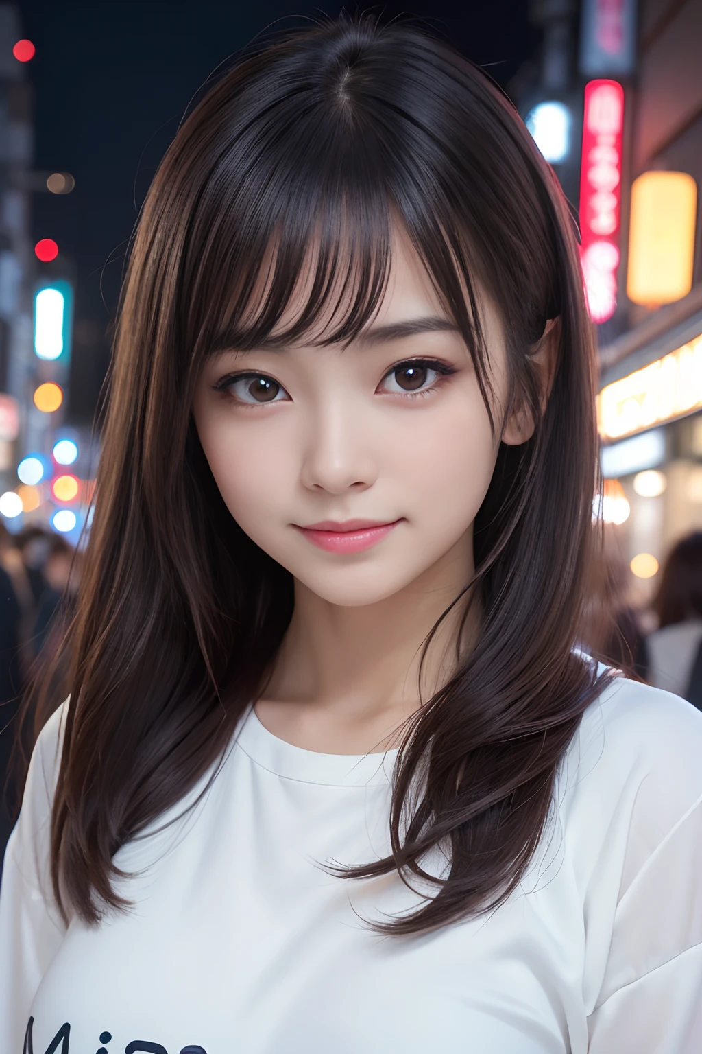 (masuter piece,ultra-quality,16k,Hyper Detailed,Intricate details,Realistic,photographrealistic,perfect anatomia,Professional Lighting、Perfect proportions,Perfect face,18 year old girl,kawaii,ultradetailed eyes、kawaii eyes、dark brown eyes:1.5,Well-formed face、pretty hair)、on tokyo street、A city scape、night cityscape、Neon Street、Happy smile when you see this、