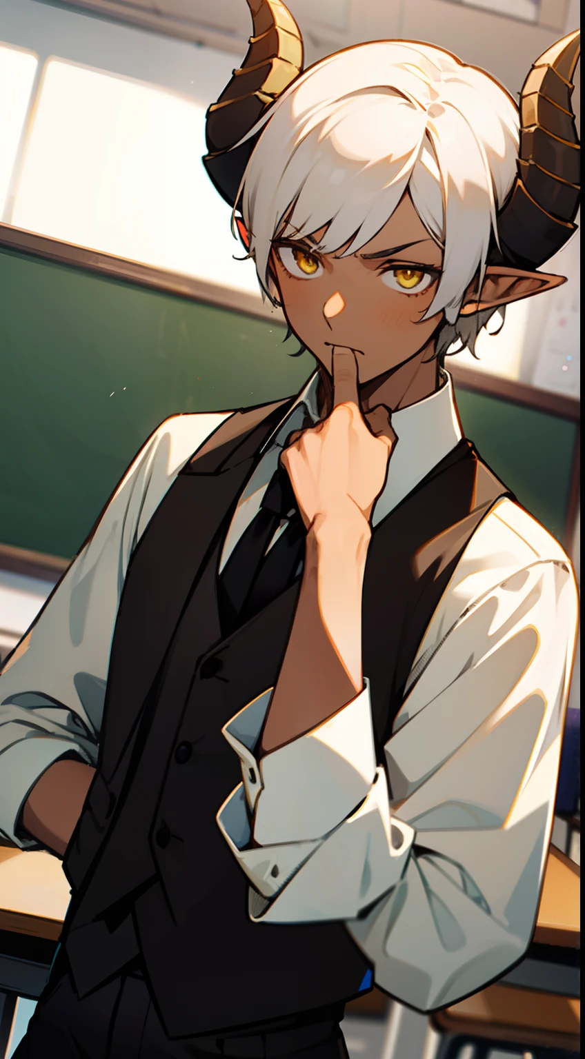 1boy,solo,serious,(brown skin,medium body),white student shirt,black tie,black vest,black pants,Short hair,white hair,yellow eyes,elves ears,black horns,classroom