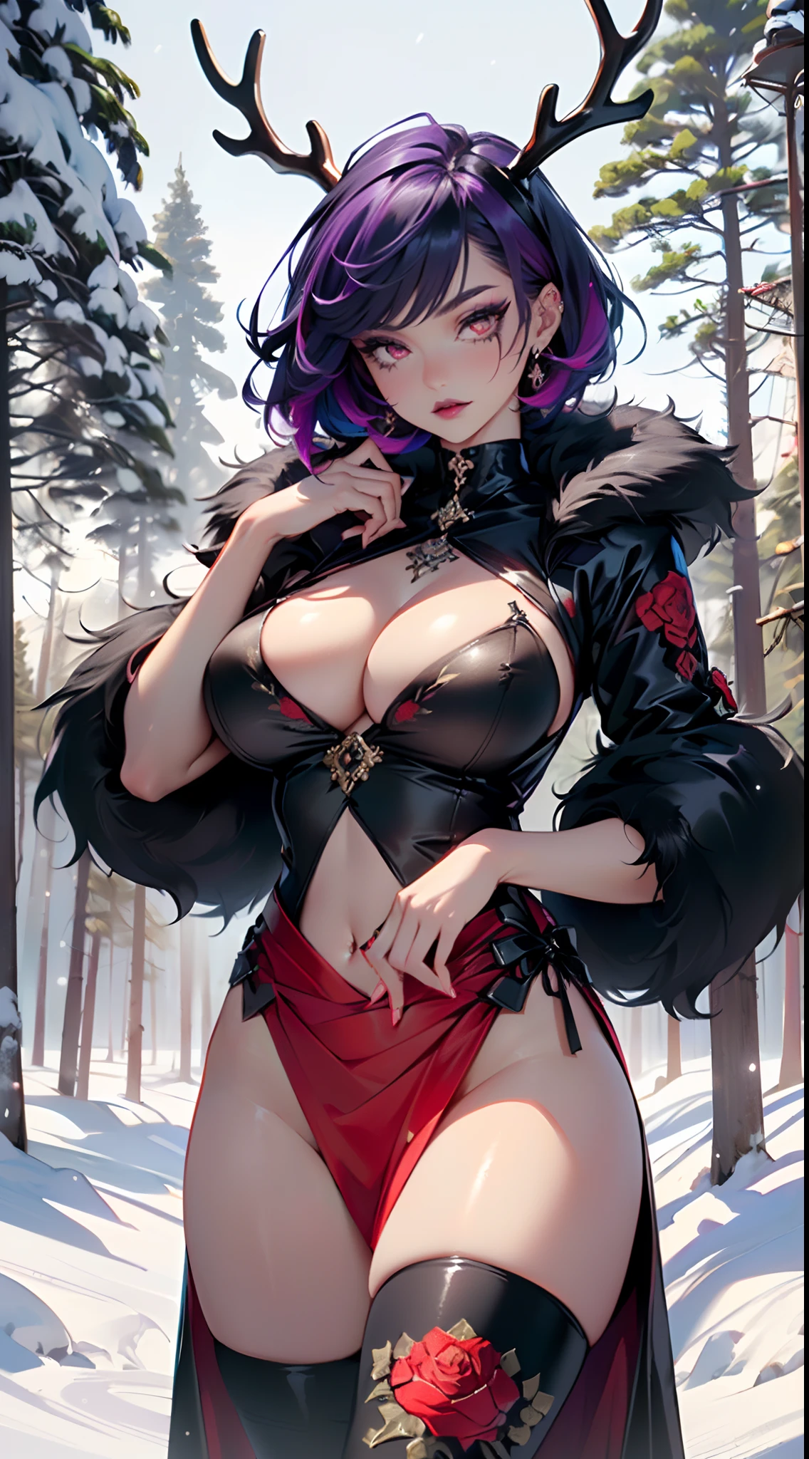 gothic reindeer girl,(((1girl))),((extremely cute and beautiful black hair with purple streaks anime gothic reindeer girl)),

(((anthro furry:1.2), Playboy_Reindeer, reindeer_antlers,(huge antlers:1.2),)),(large breasts:1.4),saggy breasts,((((black hair with purple streaks:1.35,short hair,colored inner hair,ear breathing)))),(((red_eyes:1.3))),intricate eyes,beautiful detailed eyes,symmetrical eyes,big eyes:1.5,((fat)),(((lustrous skin:1.5,bright skin: 1.5,skin tanned,shiny skin,very shiny skin,shiny body,plastic glitter skin,exaggerated shiny skin,illuminated skin))),(spider lower abdomen,narrow waist,wide hip,athletic body,inflated legs,delicate detailed fingers,detailed body,detailed arms,human hands,(detailed face)),

cute,slutty,seductive,erotic,(((nsfw))),

zettai ryouiki,revealing clothing,show skin,(((Sexy goth fur coat, goth fur coat outfit, wearing a goth fur coat:1.3,dark red winter coat))),((red goth mini-skirt,red goth mini skirt with furry edge,visible thong straps, navel)),(red gothic clothes,semi-naked,with little goth clothing),((((Black Eyeshadow,Thick Black Eyeliner,Long Dramatic Eyelashes,Black Lips))),(((magic))),(((intricate outfit,intricate clothes,embroidered outfit,ornate outfit))),

(dynamic pose:1.0),embarrassed,(centered,scale to fit dimensions,Rule of thirds),

((snowy pine forest at night)), with dark stormy clouds,winter,scenery:1.25,((snow forest background)),Christmas tree,

highres,sharp focus,(ultra detailed,extremely detailed),(photorealistic artwork:1.37),(extremely detailed CG unity 8k wallpaper),(((vibrant colors,vibrant theme))),(intricate),(masterpiece),(best quality),