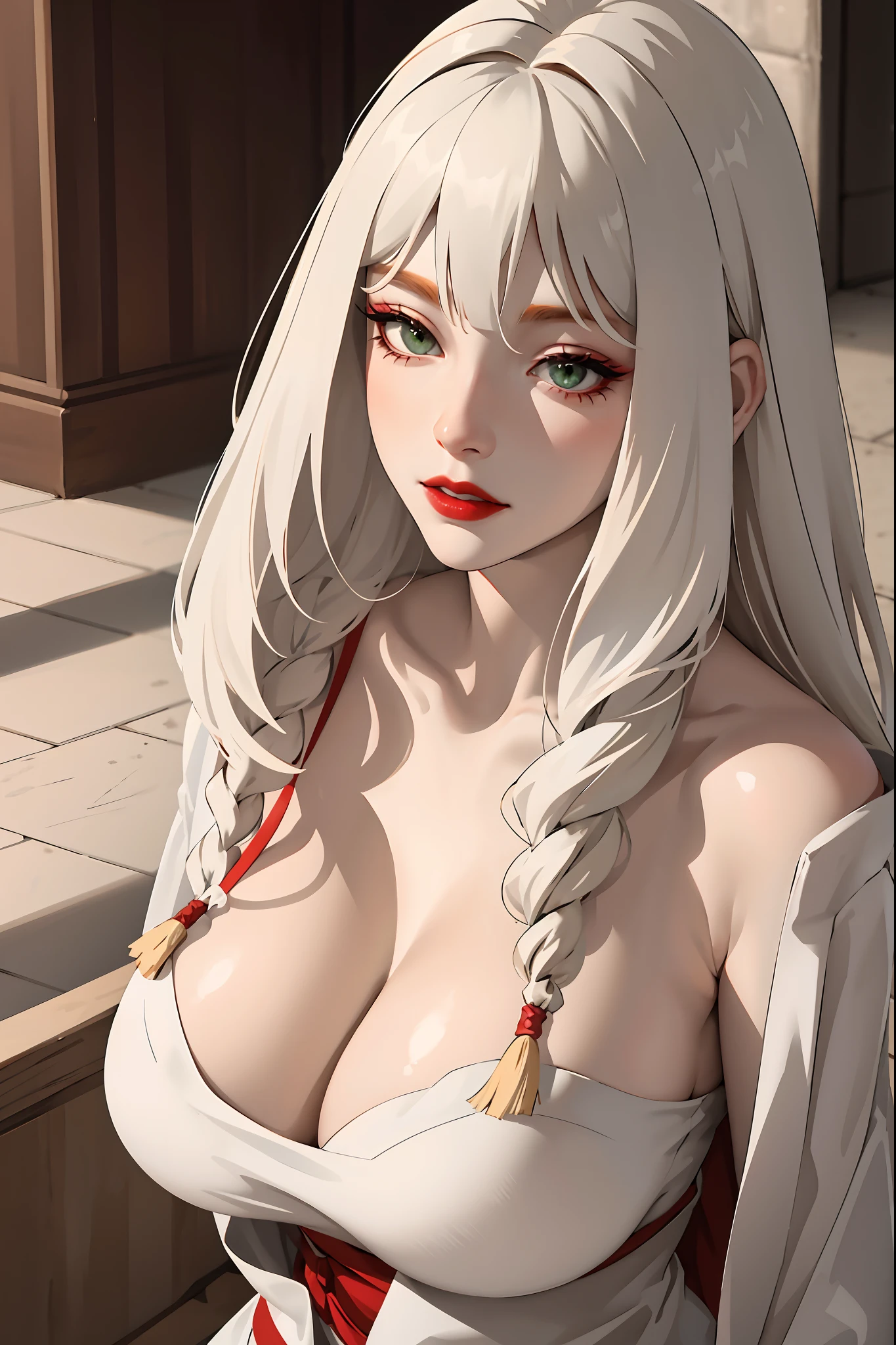 (masterpiece:1.2, best quality), (real picture, intricate details), 1lady, solo, upper body, casual, long hair, heavy makeup, white face, red lipstick, red eyeshadow, natural fabrics, close-up face, serious, warrior, female warrior, armour, really long light platinum blonde hair, bangs, platinum blonde voluminous hair, green eyes, big tits, big breasts, really big tits, Korean bangs, cute bangs, wispy bangs, pointy bangs, pointy bangs between eyes, soft bangs, mature face, 1female, 1woman, 1beautiful girl.