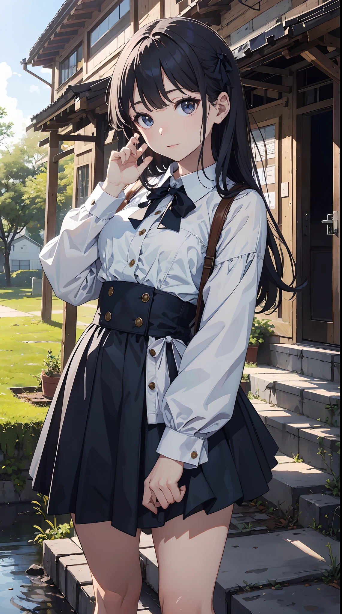 Super beautiful illustration、小柄、kawaii girl、complex、finely eye、Realistic skin texture、Outstanding looks、小柄、adolable、Smooth hair、Cute gesture、Mocking Pose、doress、long-sleeve、With collar、Long length skirt、corsets、Cute socks、cowboy  shot、outside of house、Beautiful park、Three-dimensional、Deep background、Well built building、